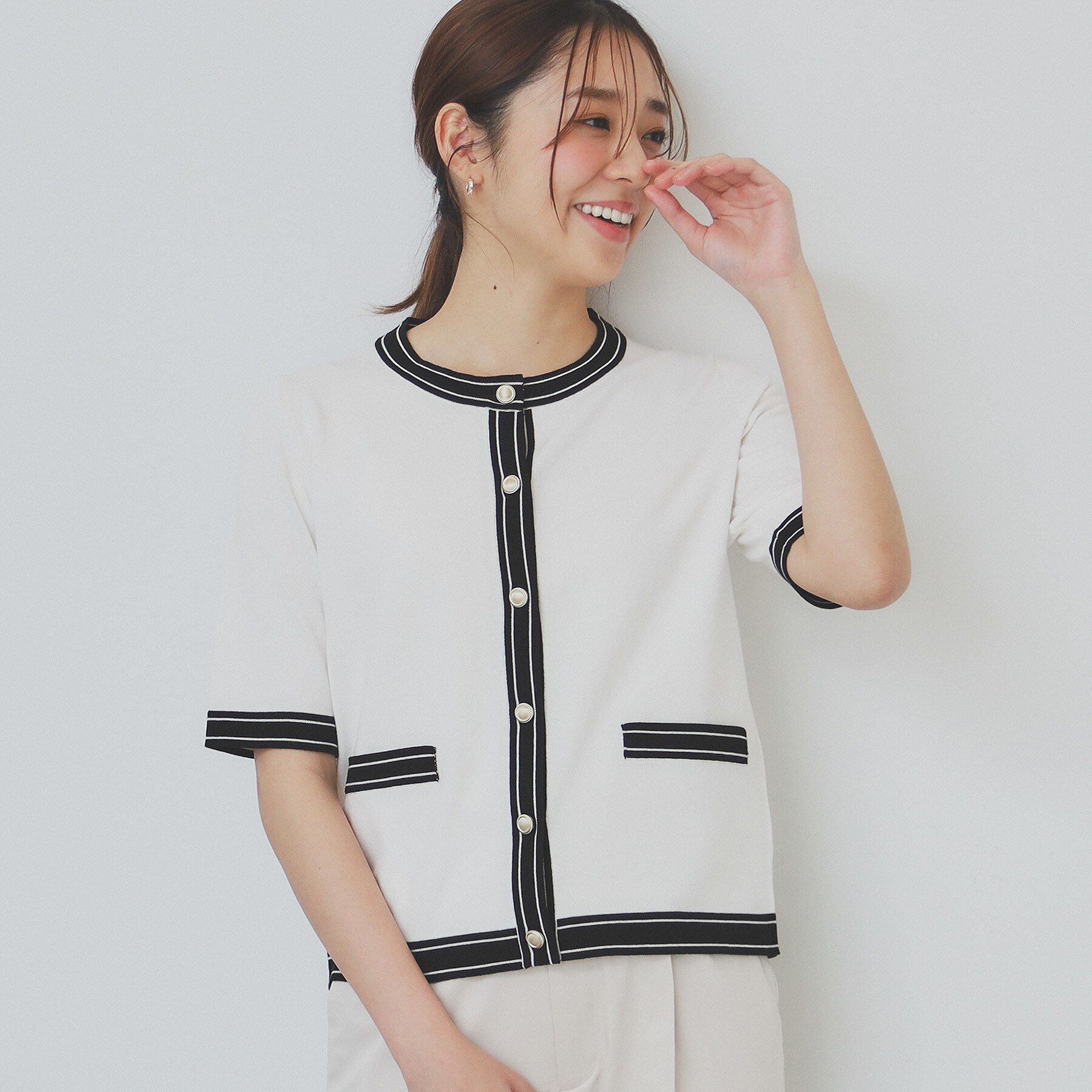 index「バイカラークルーネックカーディガン/オーガニックコットン混【UV/洗濯機洗い可】」|カーディガン|