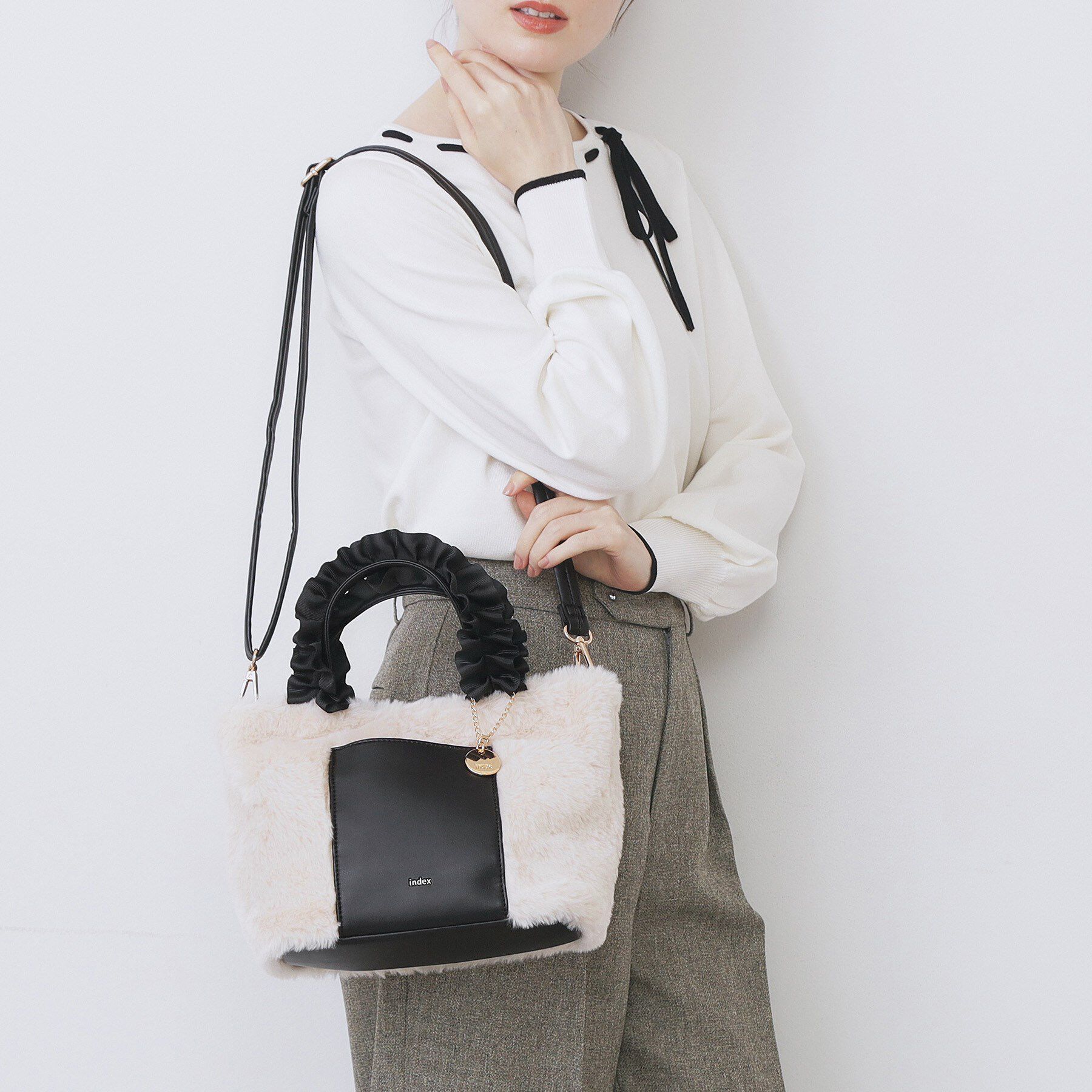 index「フリルハンドル フェイクファーミドルトートバッグ」|トートバッグ|