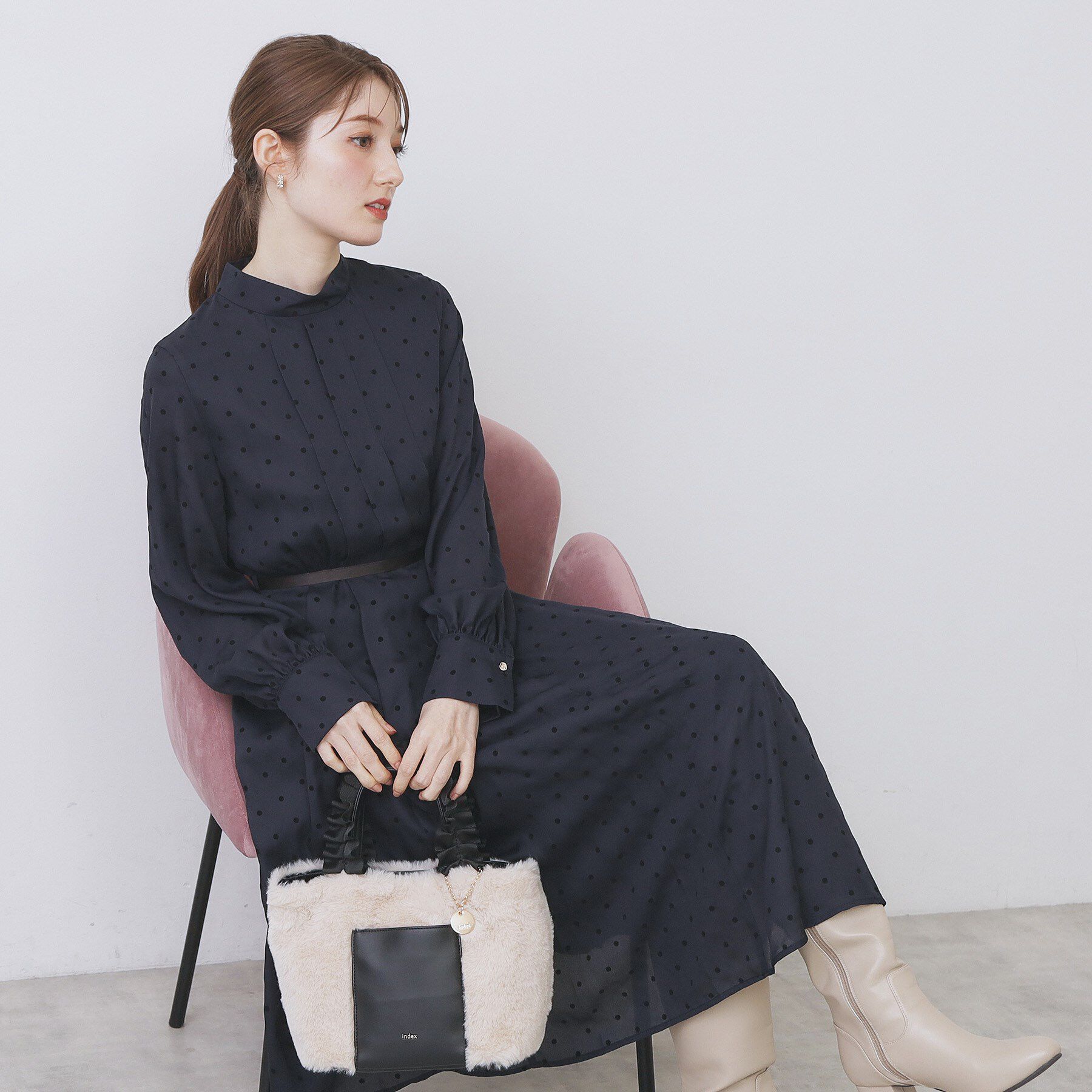 index「ドットデザインタックワンピース【洗濯機OK/イージーアイロン】」|ワンピース|ネイビー(194)