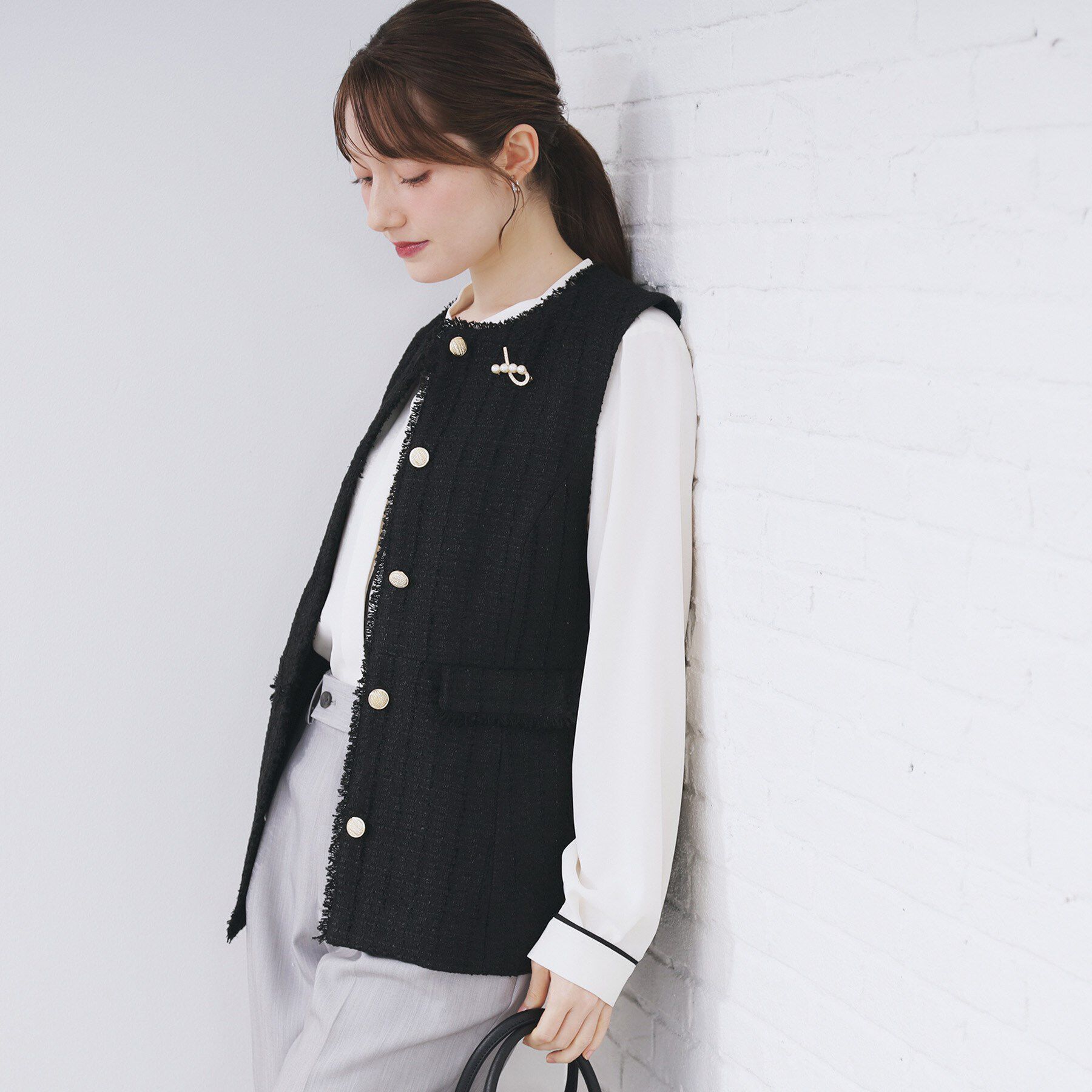 index「ファンシーツイードペプラムジレ【洗える】」|ベスト・ジレ|ブラック(019)