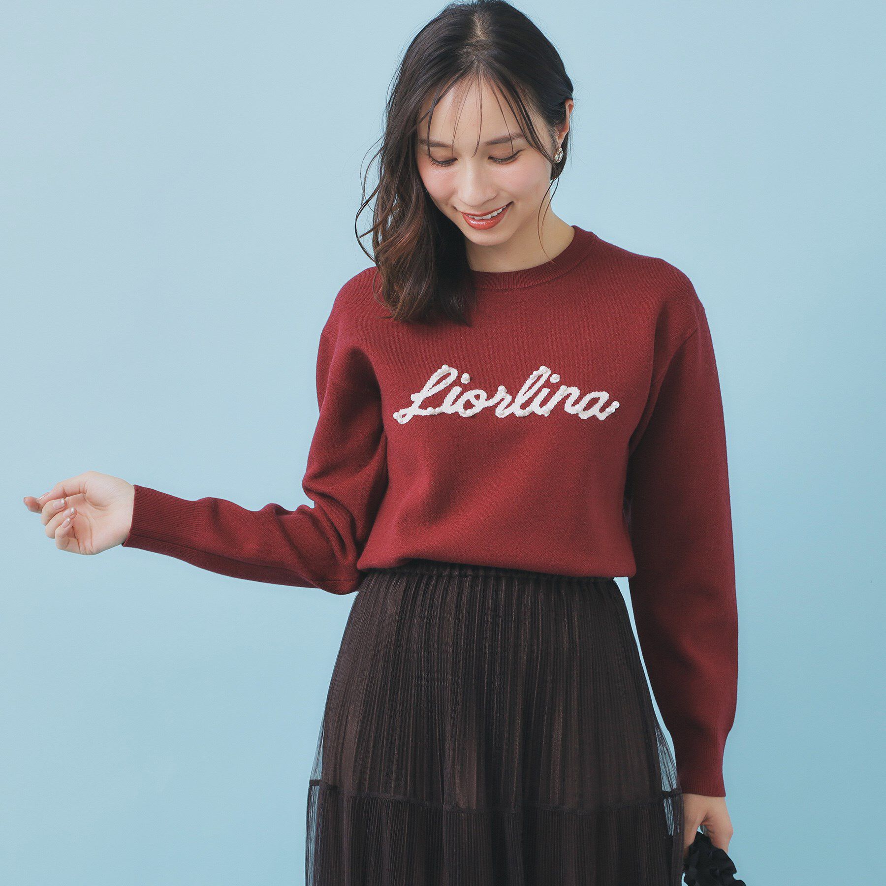 index「パール調ロゴクルーネックニット【洗濯機OK】」|ニット・セーター|ボルドー(064)