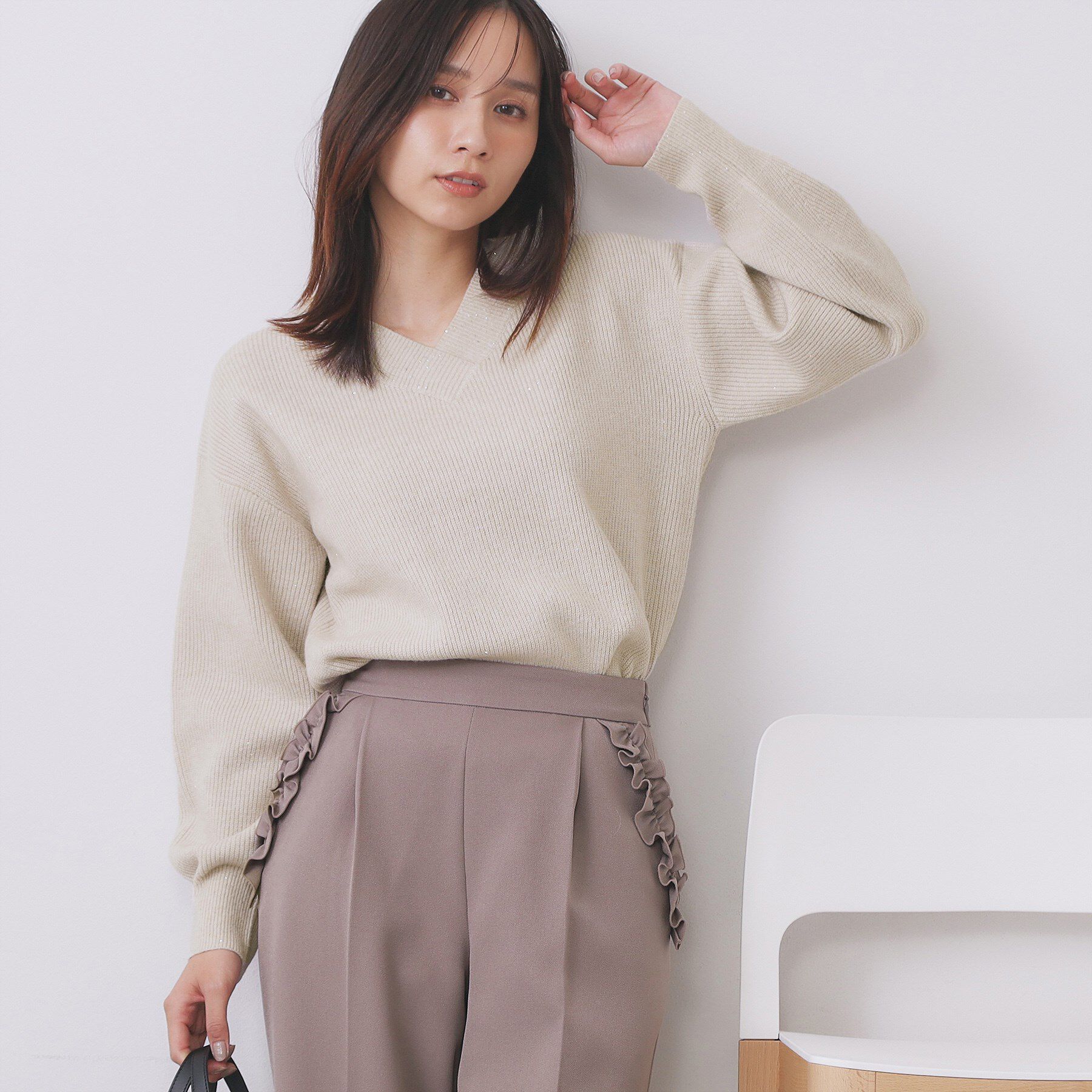 index「片畦Vネックボクシーパフニット【洗濯機OK】」|ニット・セーター|