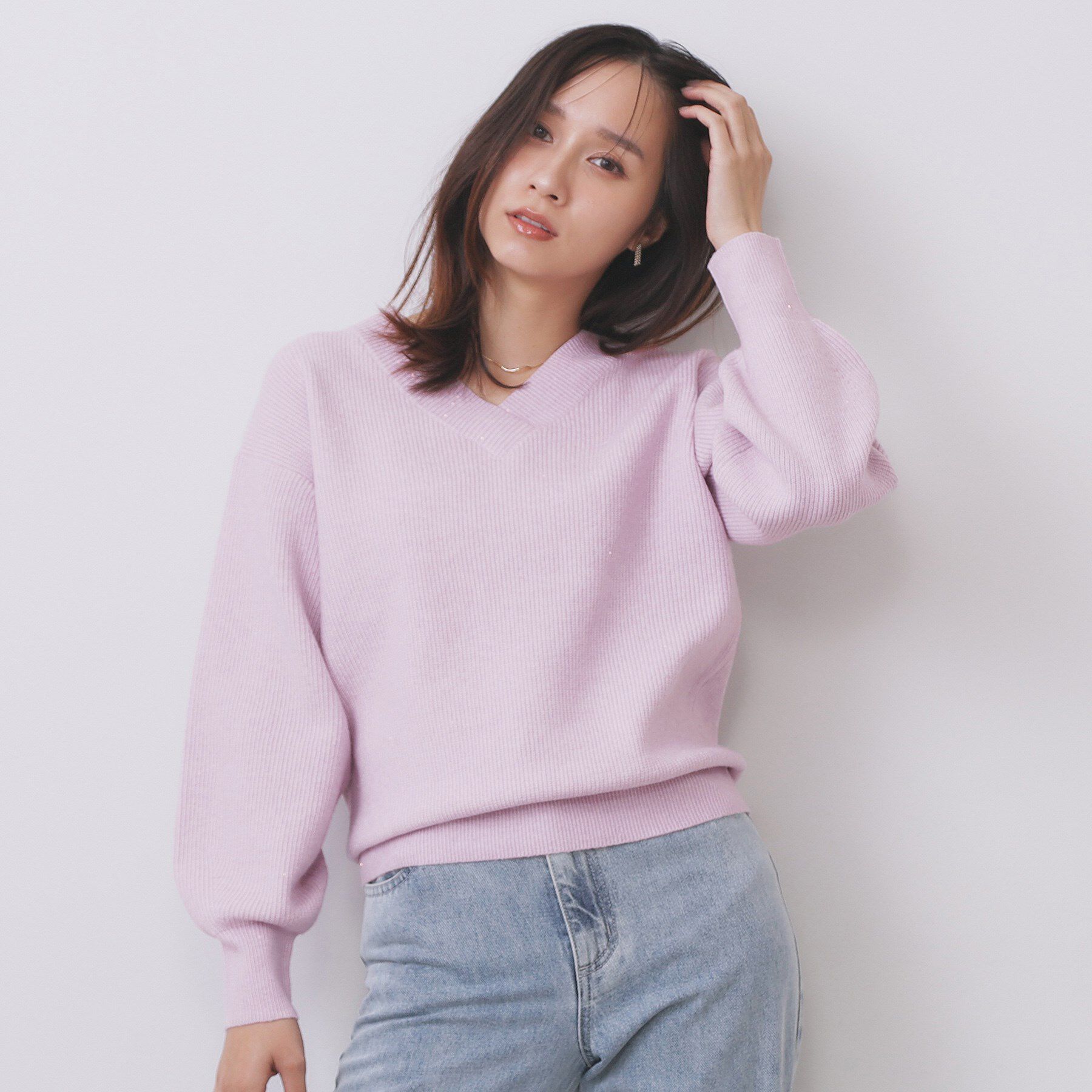 index「片畦Vネックボクシーパフニット【洗濯機OK】」|ニット・セーター|