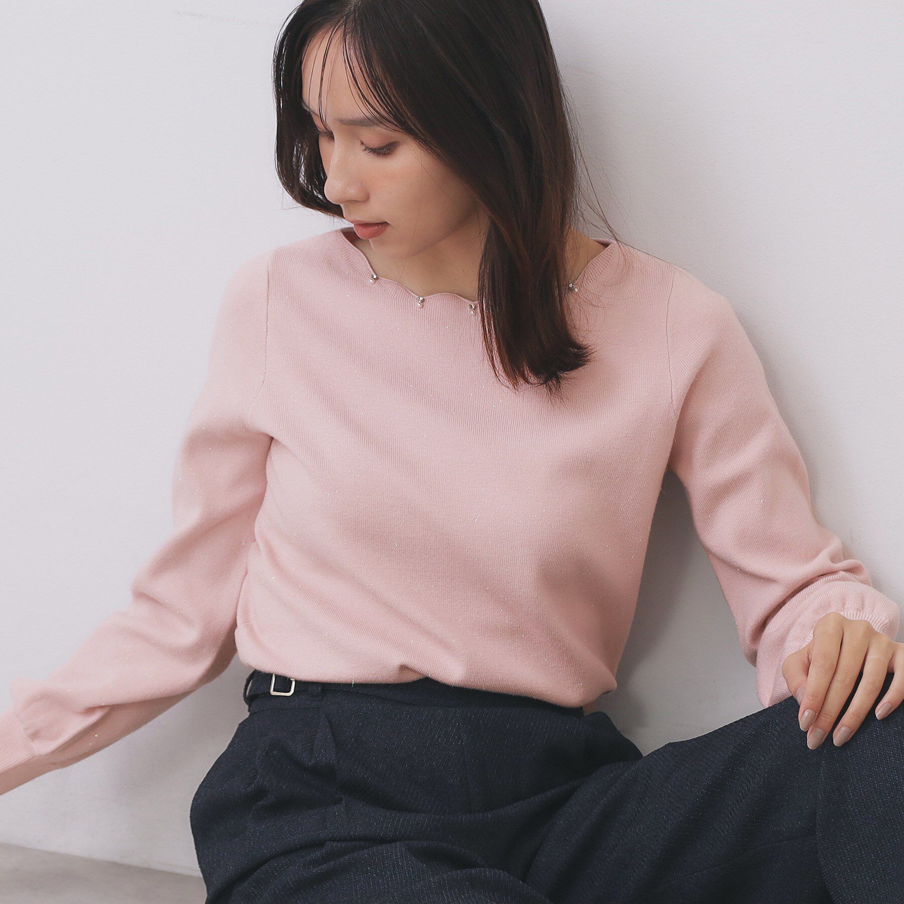 index「ラメスカラップビジューデザインニット【洗濯機OK】《6col/S～LL》」|ニット・セーター|ライトピンク(870