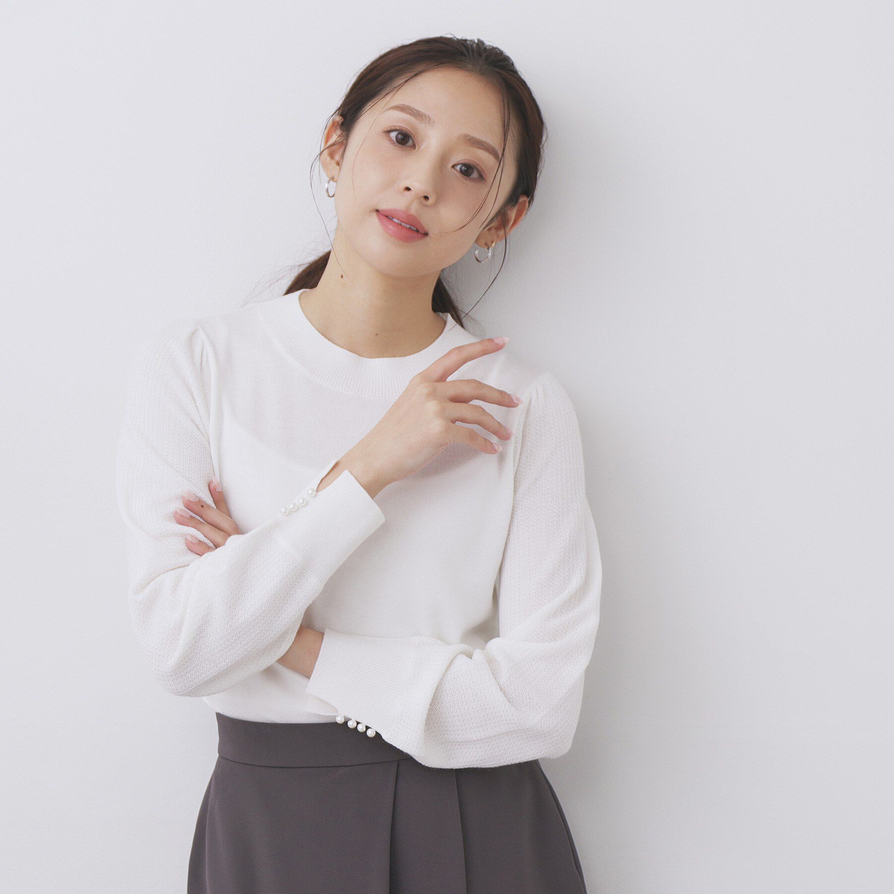 index「柄編みスリーブハイネックニット【洗濯機OK】」|ニット・セーター|オフホワイト(003