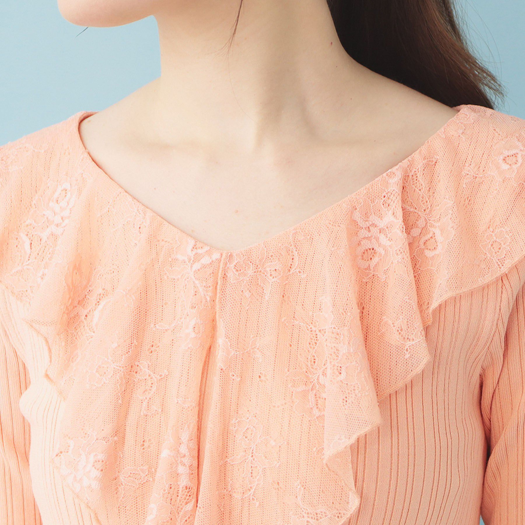 index「レースフリルVネックリブニット【洗濯機OK/抗ピル】」|ニット・セーター|