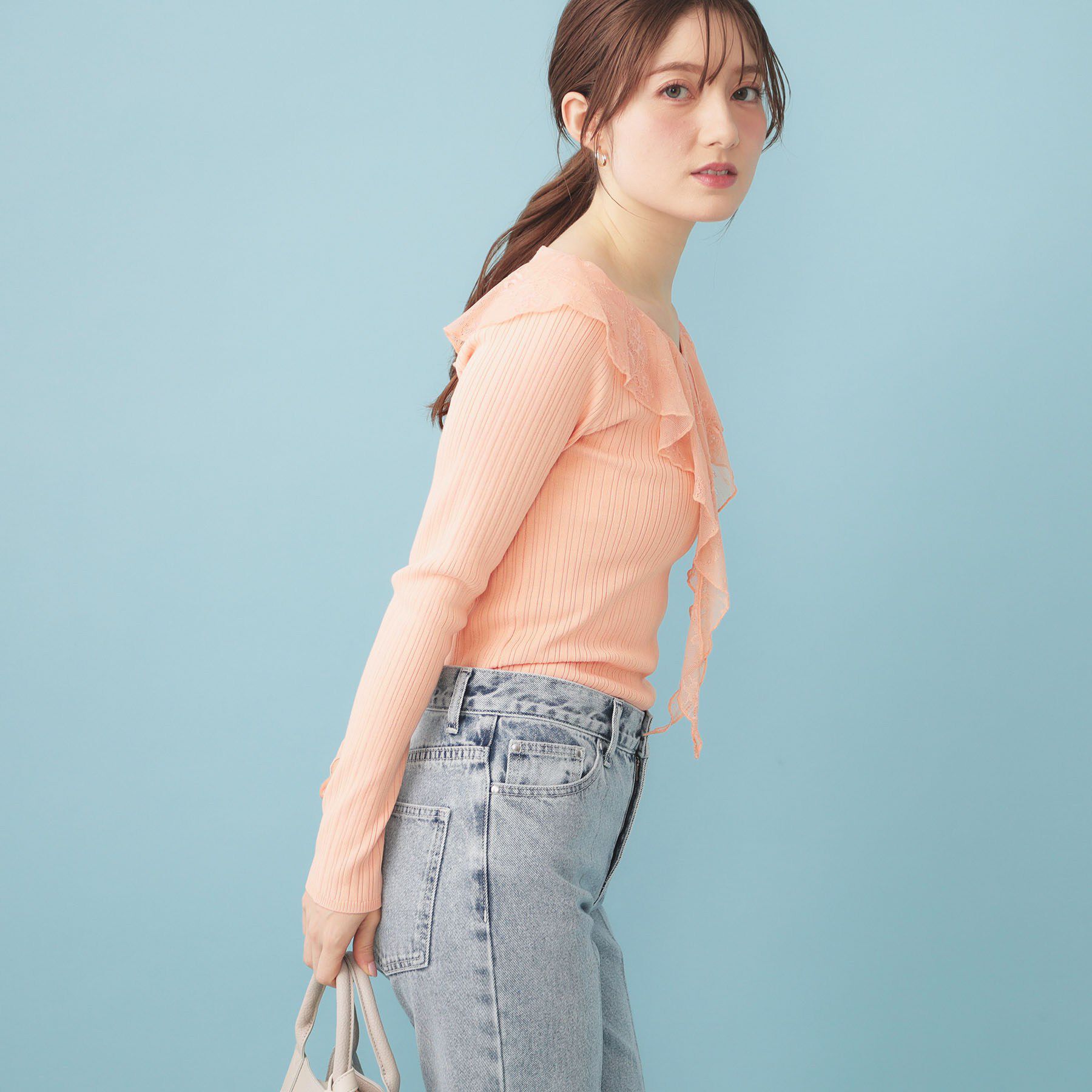 index「レースフリルVネックリブニット【洗濯機OK/抗ピル】」|ニット・セーター|