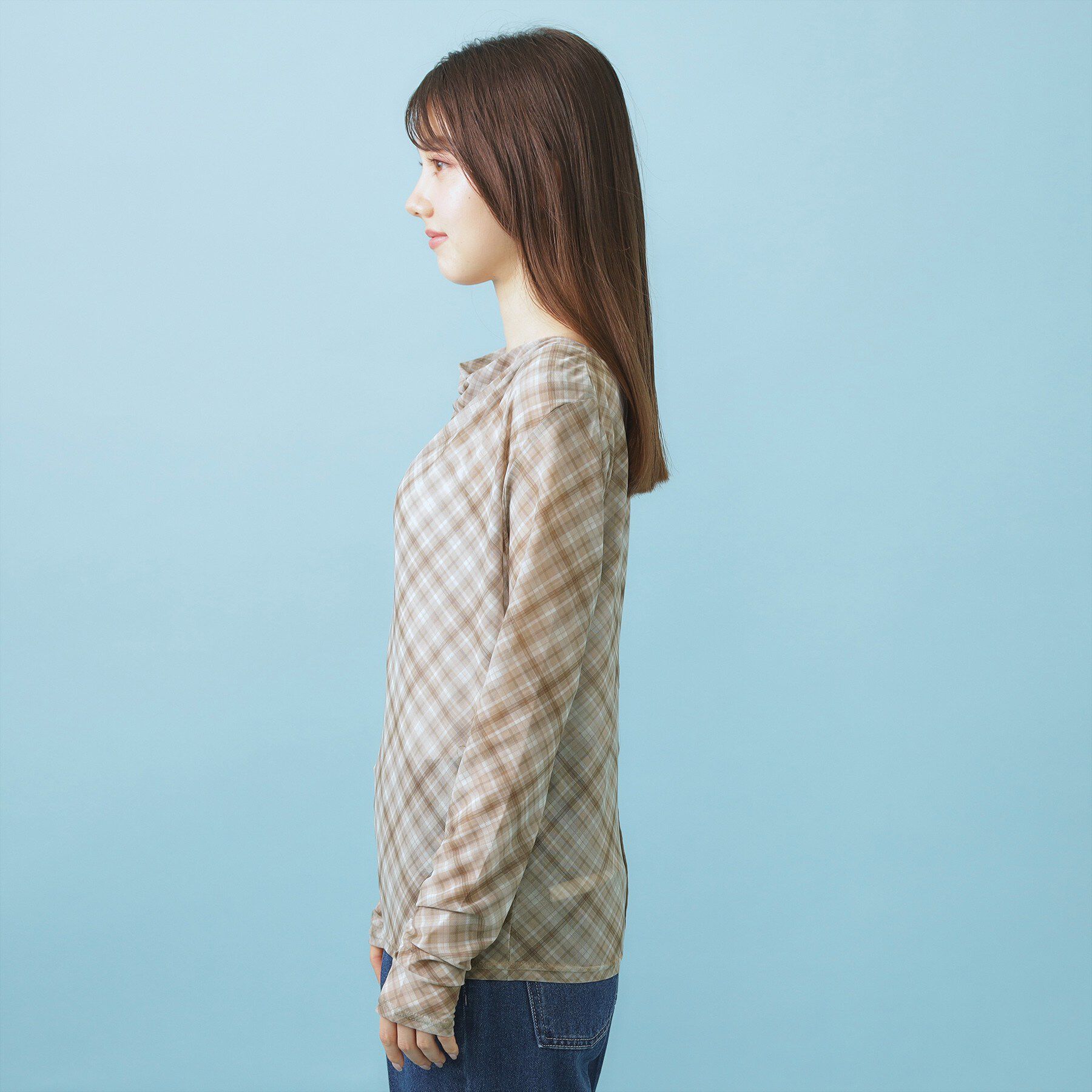 index「シアーチェックドレープネックトップス【洗濯機OK】」|Tシャツ・カットソー|
