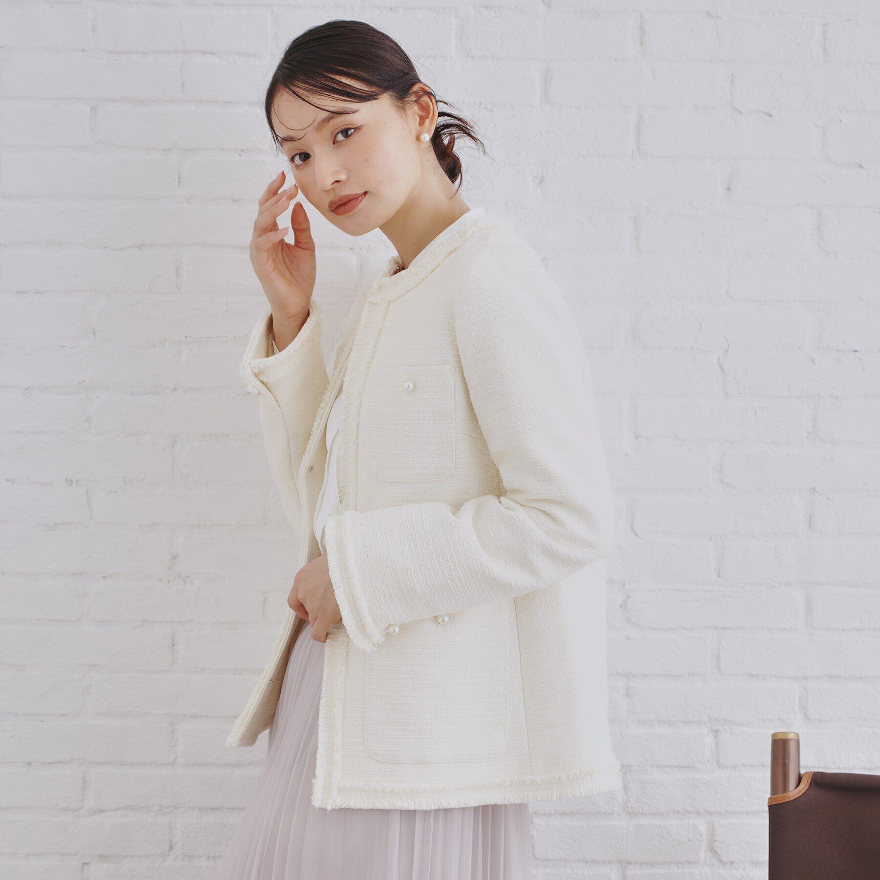 OPAQUE.CLIP「《通勤・セレモニー対応》コットンツイードミドルジャケット」|ノーカラージャケット|