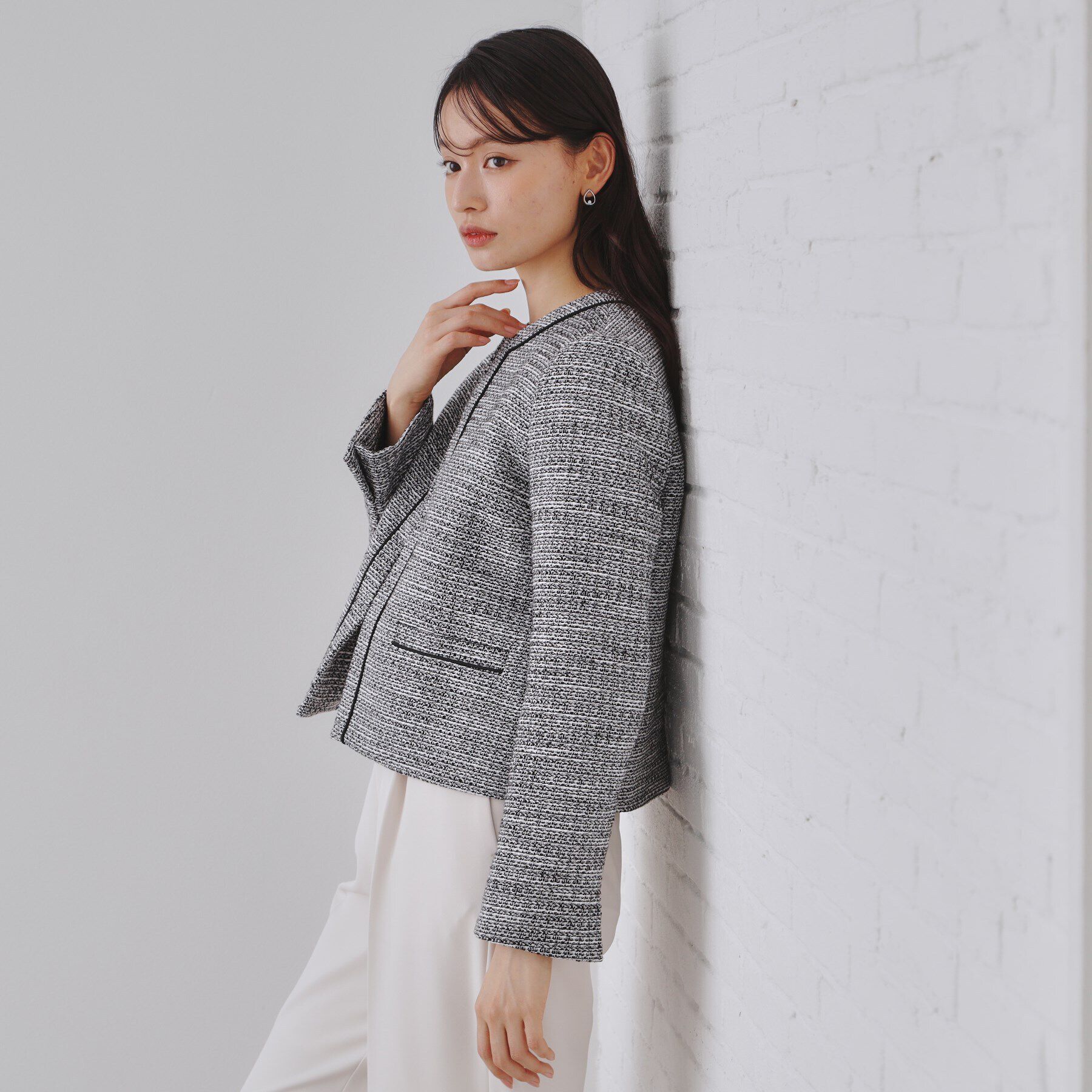OPAQUE.CLIP「《通勤・セレモニー対応》コットンツイードジャケット」|ノーカラージャケット|