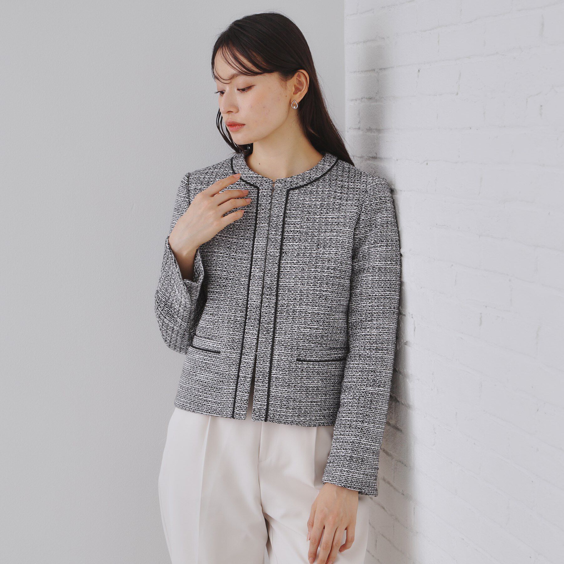 OPAQUE.CLIP「《通勤・セレモニー対応》コットンツイードジャケット」|ノーカラージャケット|