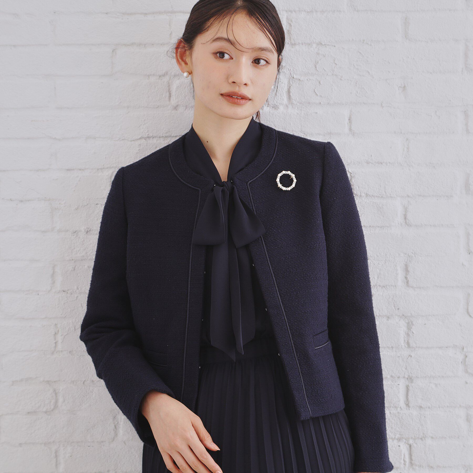 OPAQUE.CLIP「《通勤・セレモニー対応》コットンツイードジャケット」|ノーカラージャケット|ネイビー(094)