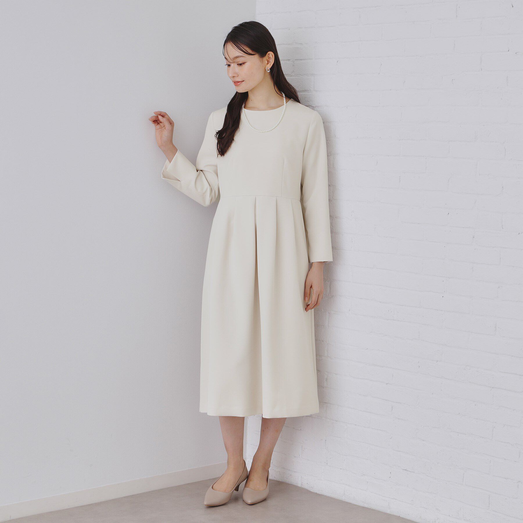 OPAQUE.CLIP「《通勤・セレモニー/セットアップ対応》タックフレアワンピース/ダブルクロス【洗濯機洗い可】」|ワンピース|