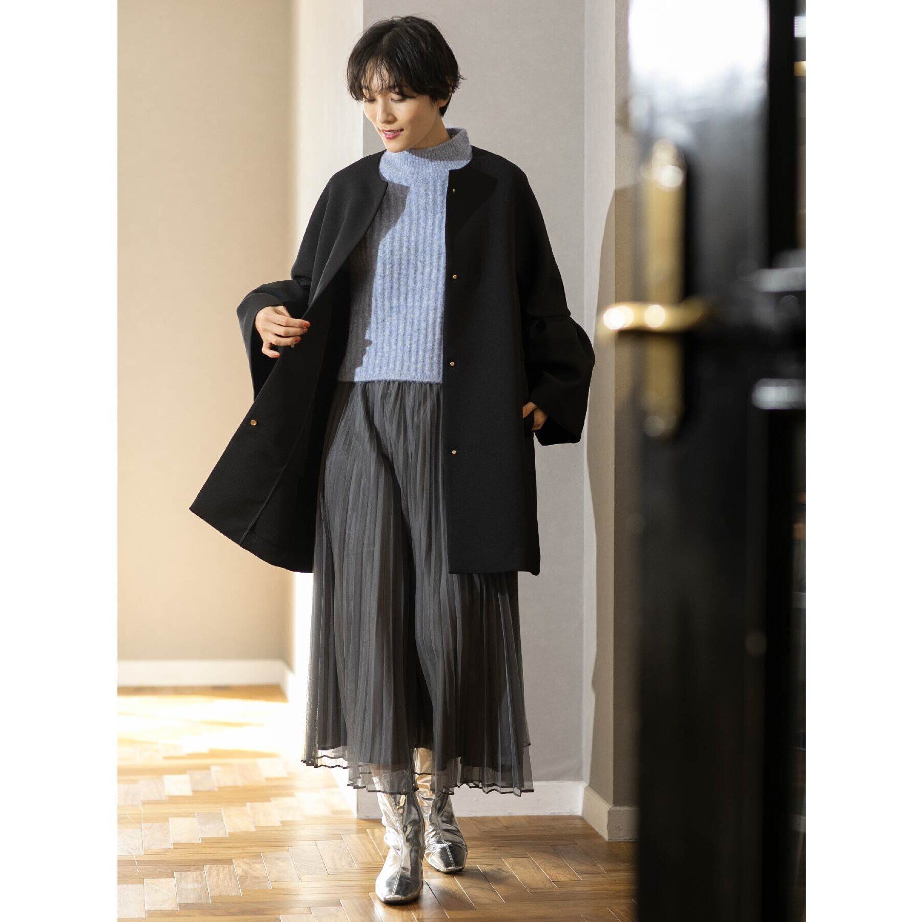 OPAQUE.CLIP「フレアスリーブミドルコート【洗える】」|ノーカラーコート|