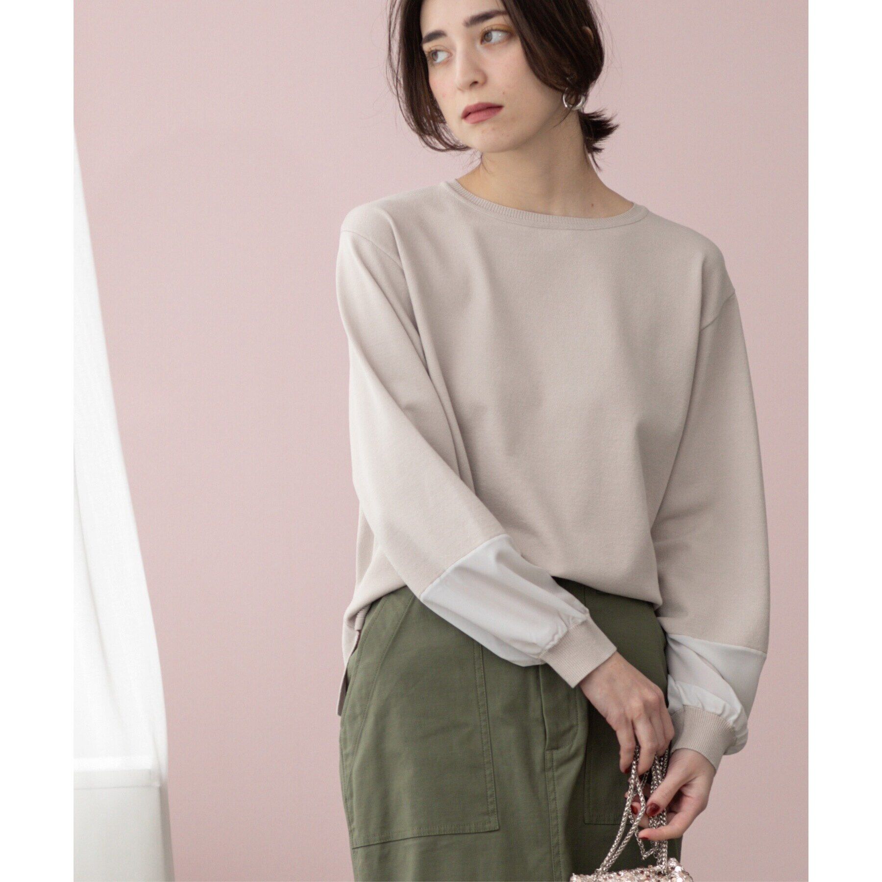 OPAQUE.CLIP「ジョーゼット切替スリーブニット【洗濯機洗い可】」|ニット・セーター|ライトグレー(011