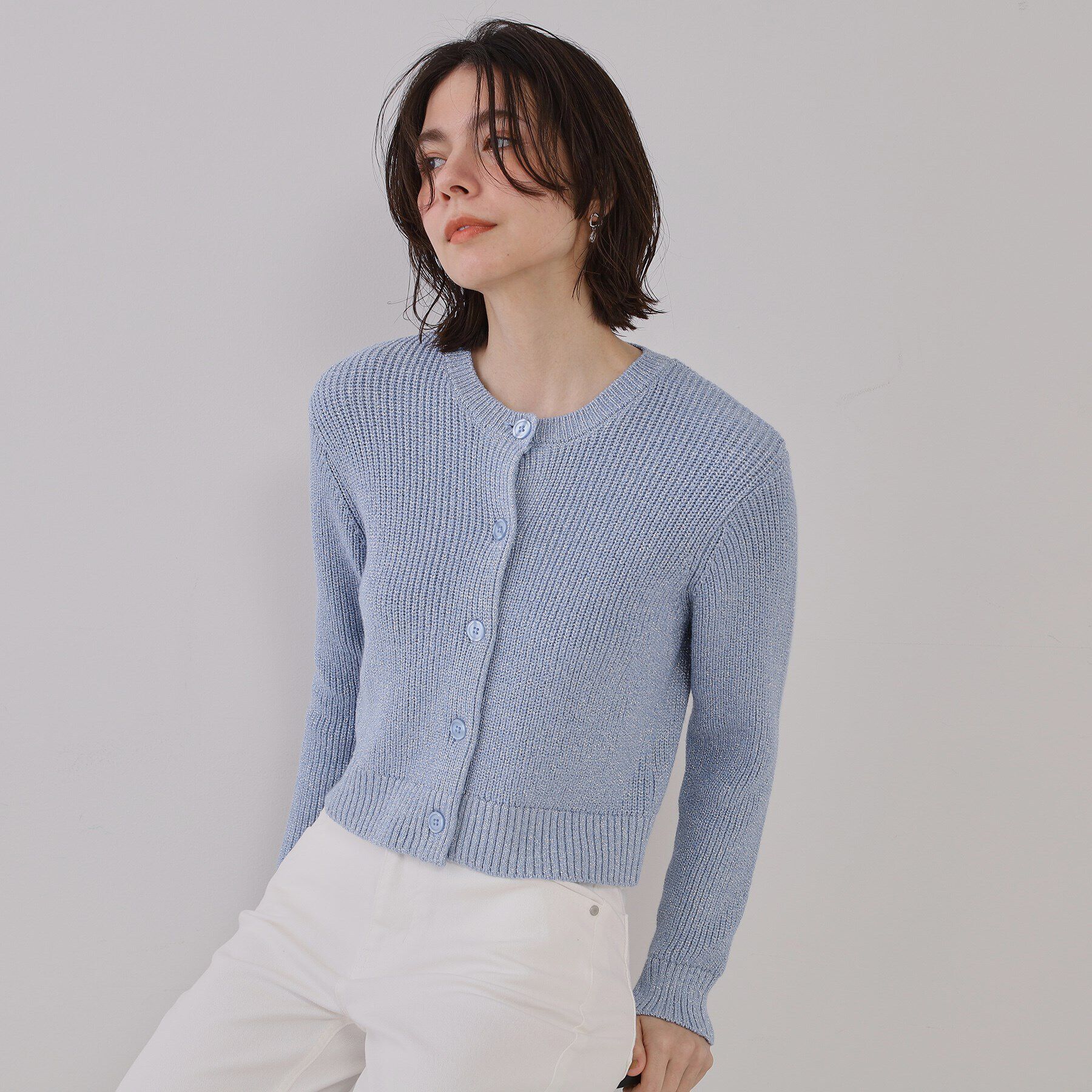 OPAQUE.CLIP「ラメヤーンニットカーディガン【洗濯機洗い可】」|カーディガン|ブルー(691)