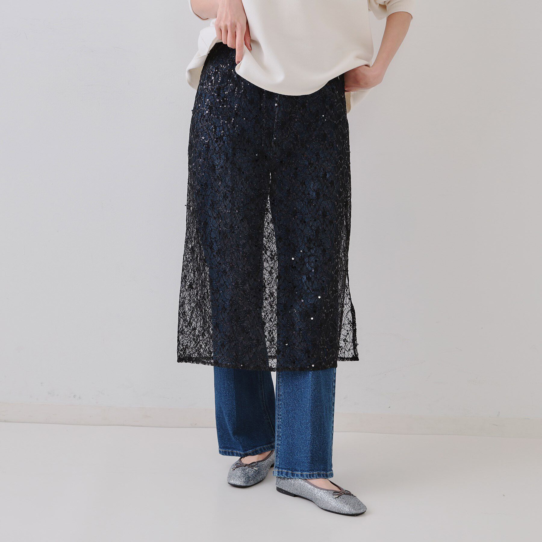OPAQUE.CLIP「シアーレーススパンコールスカート【洗濯機洗い可】」|スカート|
