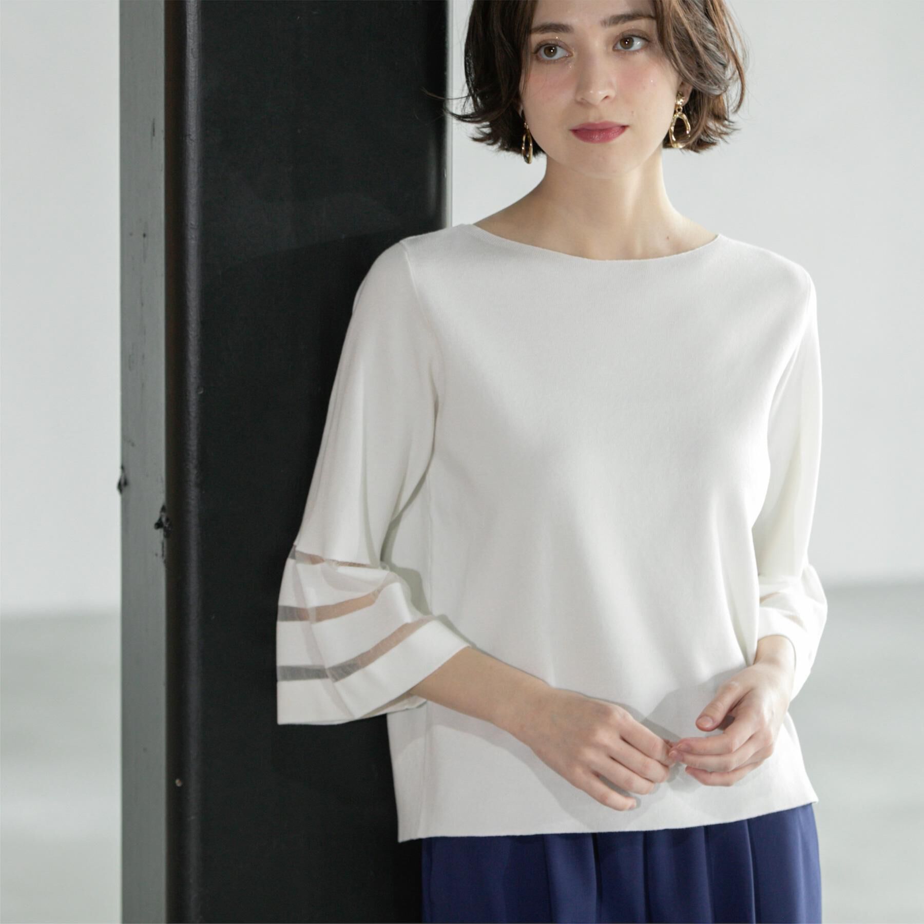 OPAQUE.CLIP「《6色展開》シアーボーダーフレアスリーブニット【洗濯機洗い可】」|ニット・セーター|