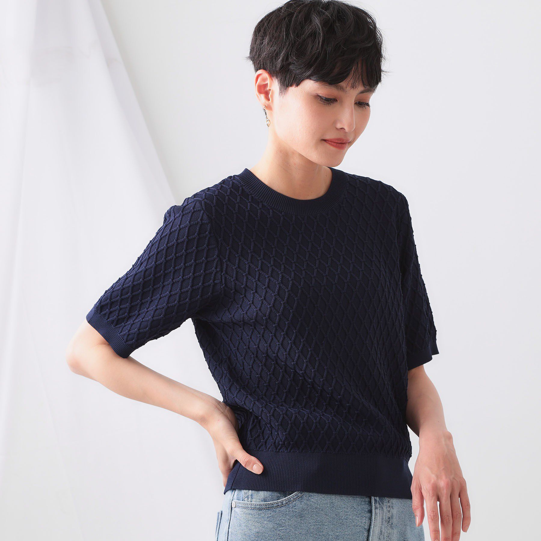 OPAQUE.CLIP「柄編みハーフスリーブニット【洗濯機洗い可】」|ニット・セーター|ネイビー(094)