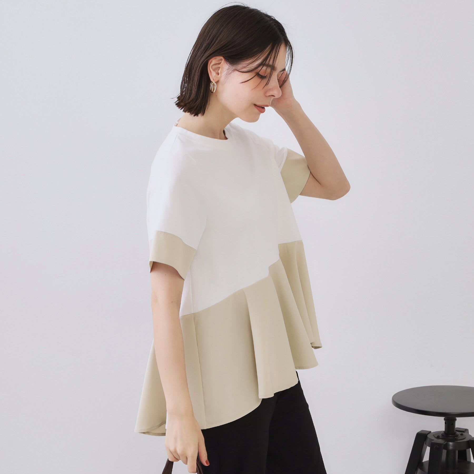 OPAQUE.CLIP「配色フハクドッキングペプラムトップス【洗濯機洗い可/抗ピル】」|Tシャツ・カットソー|