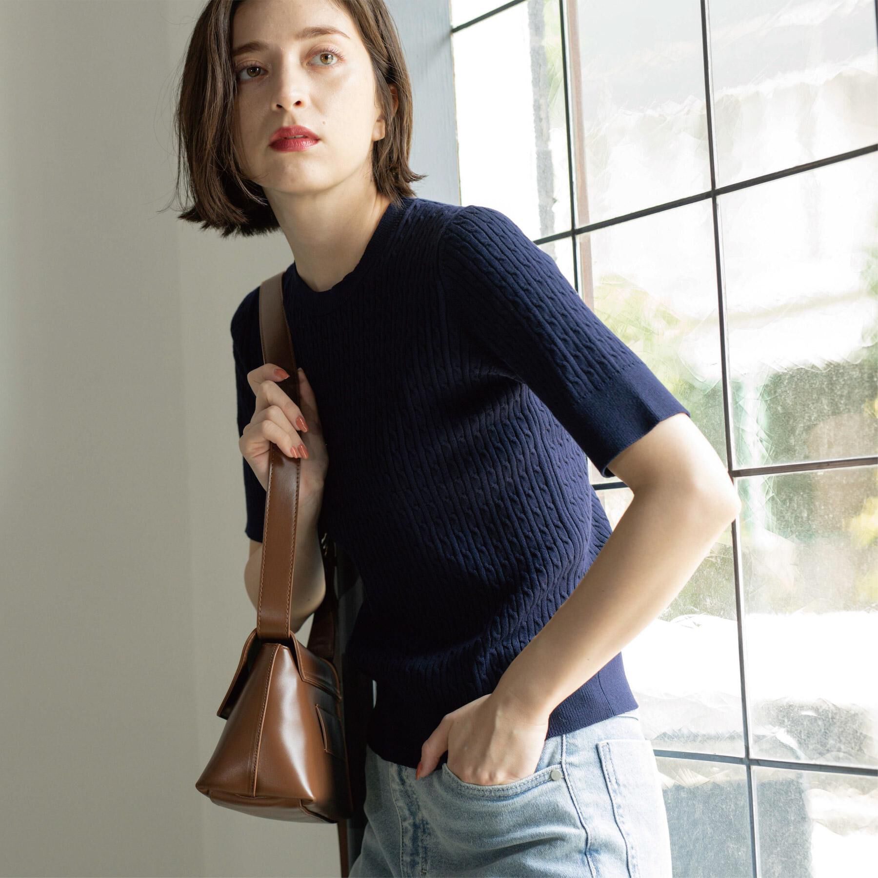 OPAQUE.CLIP「ケーブルハーフスリーブニット【UVケア/洗濯機OK】《6col/S～LL》」|ニット・セーター|ネイビー(094)