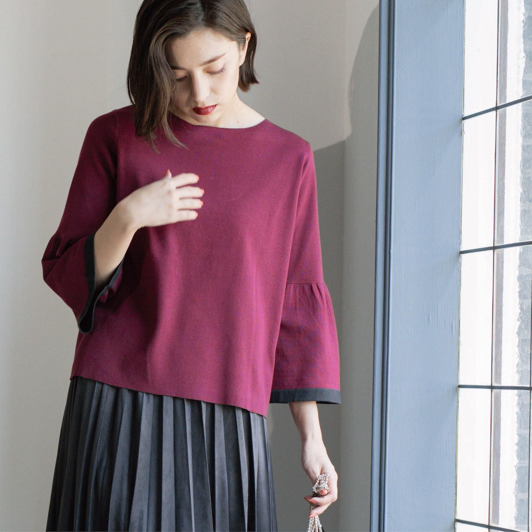 OPAQUE.CLIP「配色フレアスリーブニット【UVケア/洗濯機OK】」|ニット・セーター|