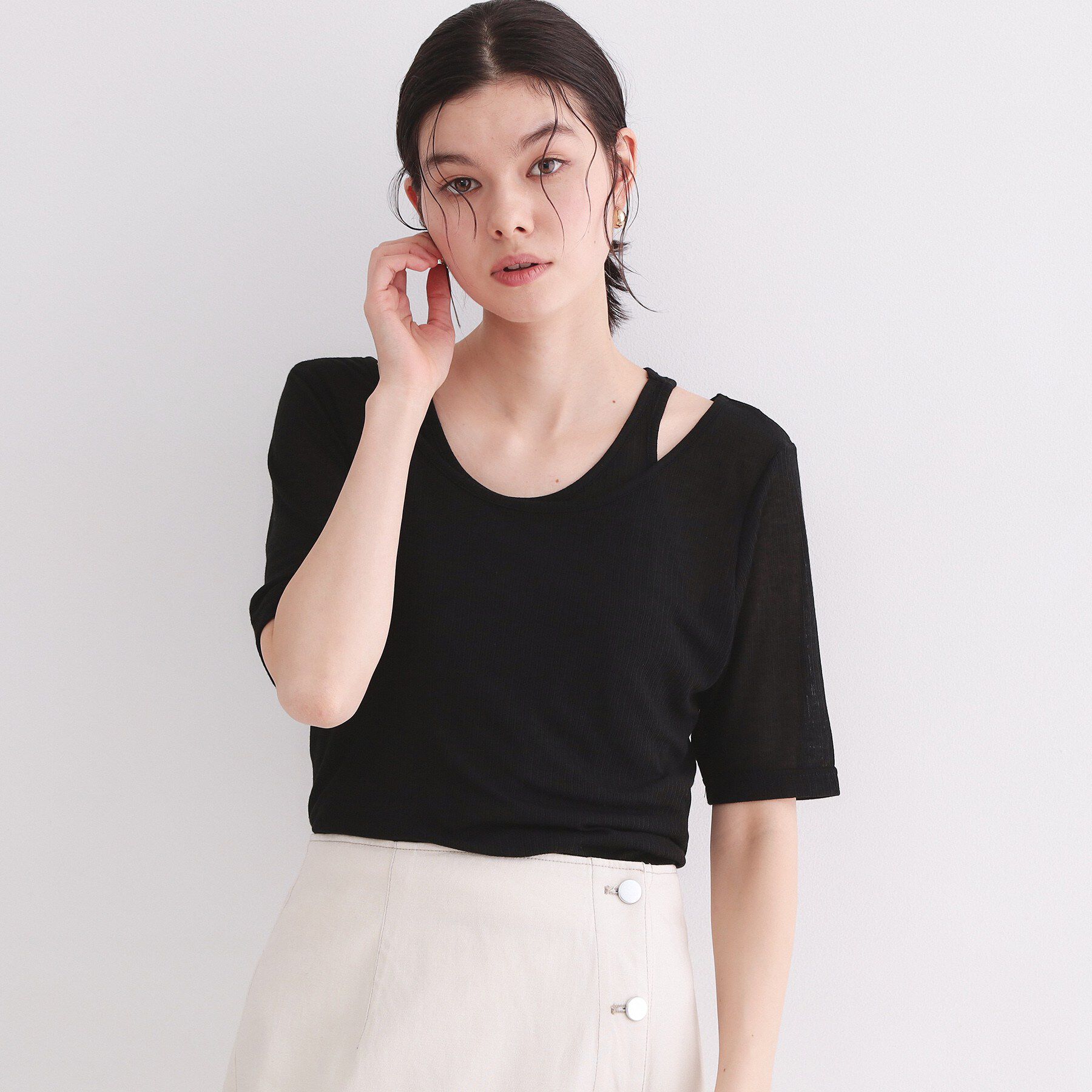 OPAQUE.CLIP「シアーリブレイヤードカットソー【洗濯機洗い可】」|Tシャツ・カットソー|ブラック(019)