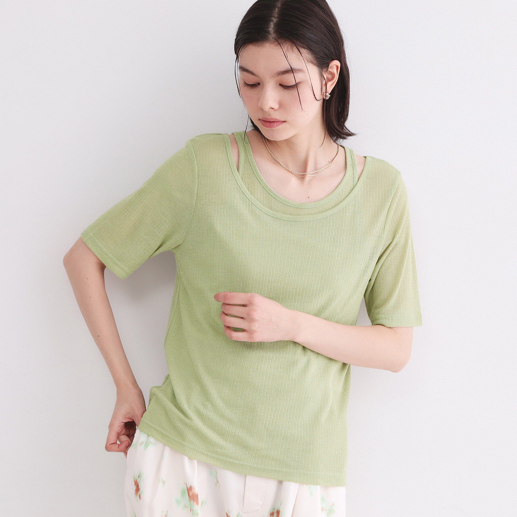 OPAQUE.CLIP「シアーリブレイヤードカットソー【洗濯機洗い可】」|Tシャツ・カットソー|ミントグリーン(02