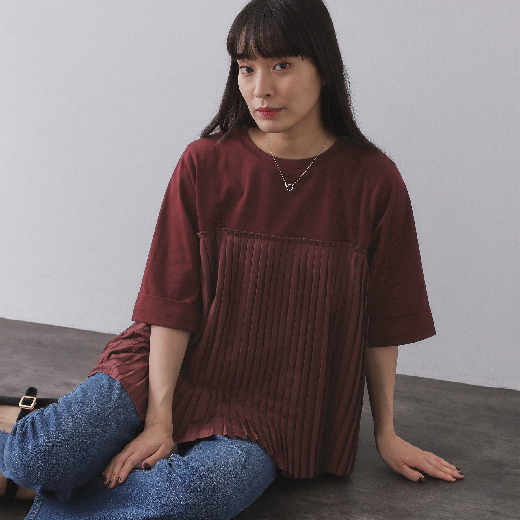 OPAQUE.CLIP「プリーツドッキングカットソー【洗濯機OK】」|Tシャツ・カットソー|ボルドー(064)