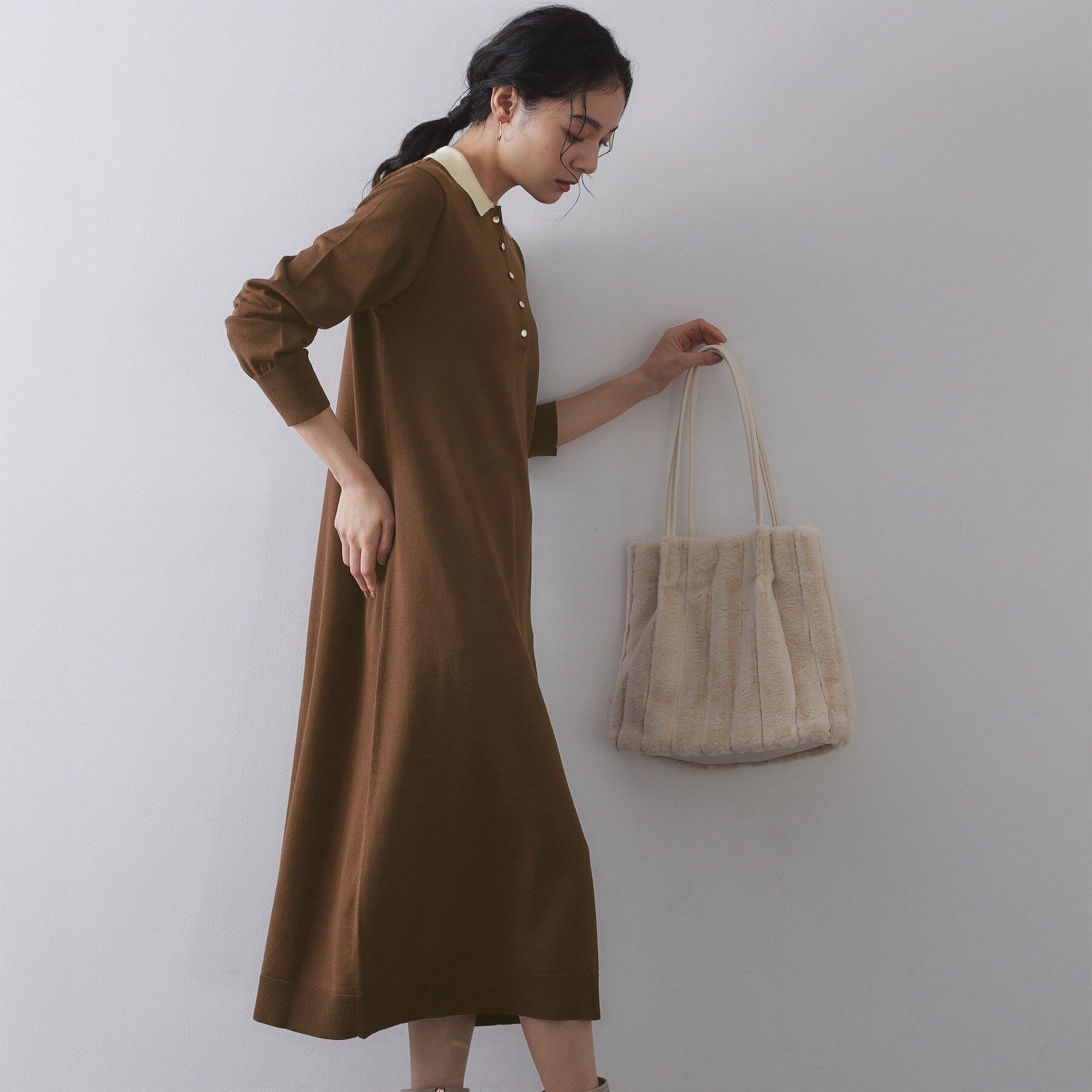 OPAQUE.CLIP「配色ポロ衿ニットワンピース【洗濯機OK】」|ワンピース|