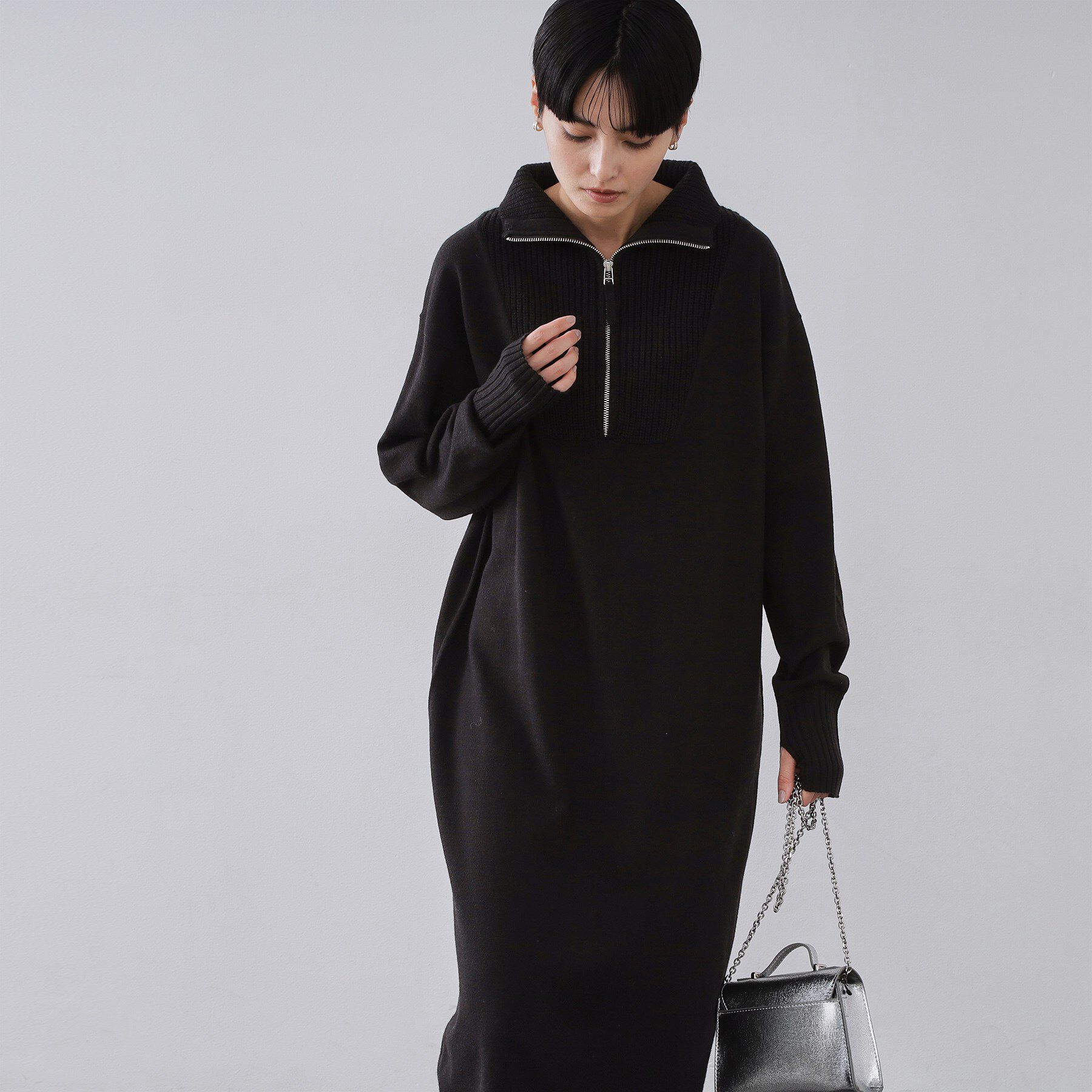 OPAQUE.CLIP「ハーフジップニットワンピース【洗濯機OK】」|ワンピース|ブラック(019)