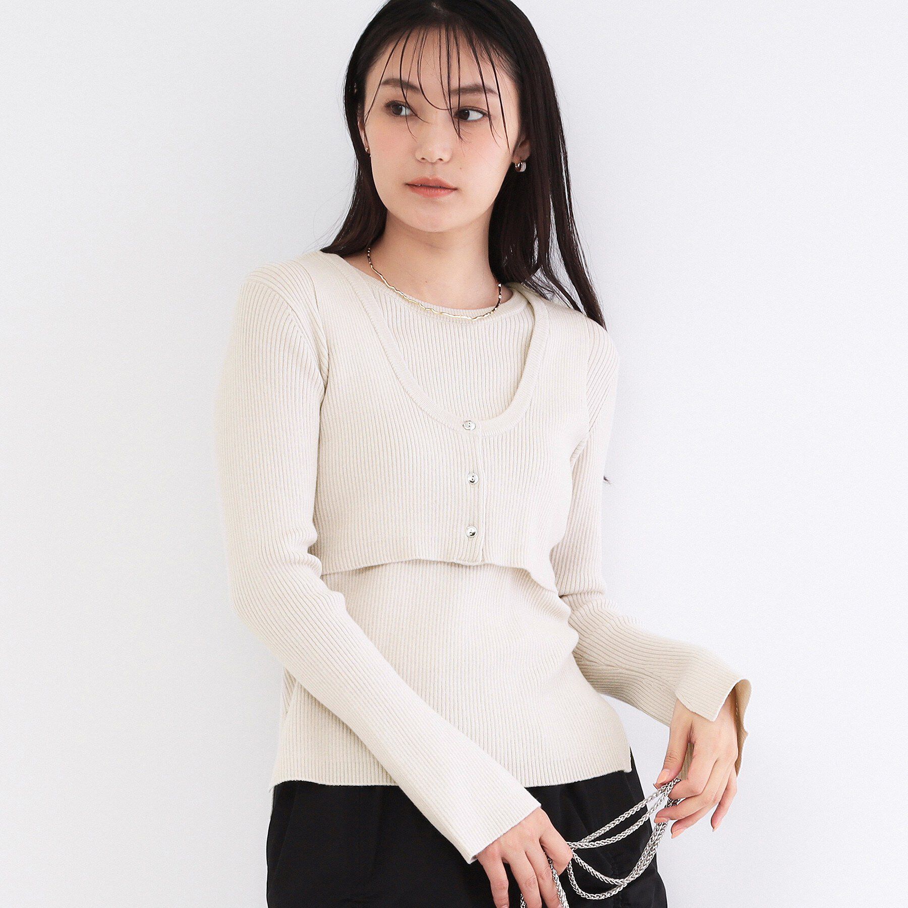 OPAQUE.CLIP「《ツインセット》ビスチェベスト&times;リブニット【洗濯機OK】」|ニット・セーター|ライトグレー(011