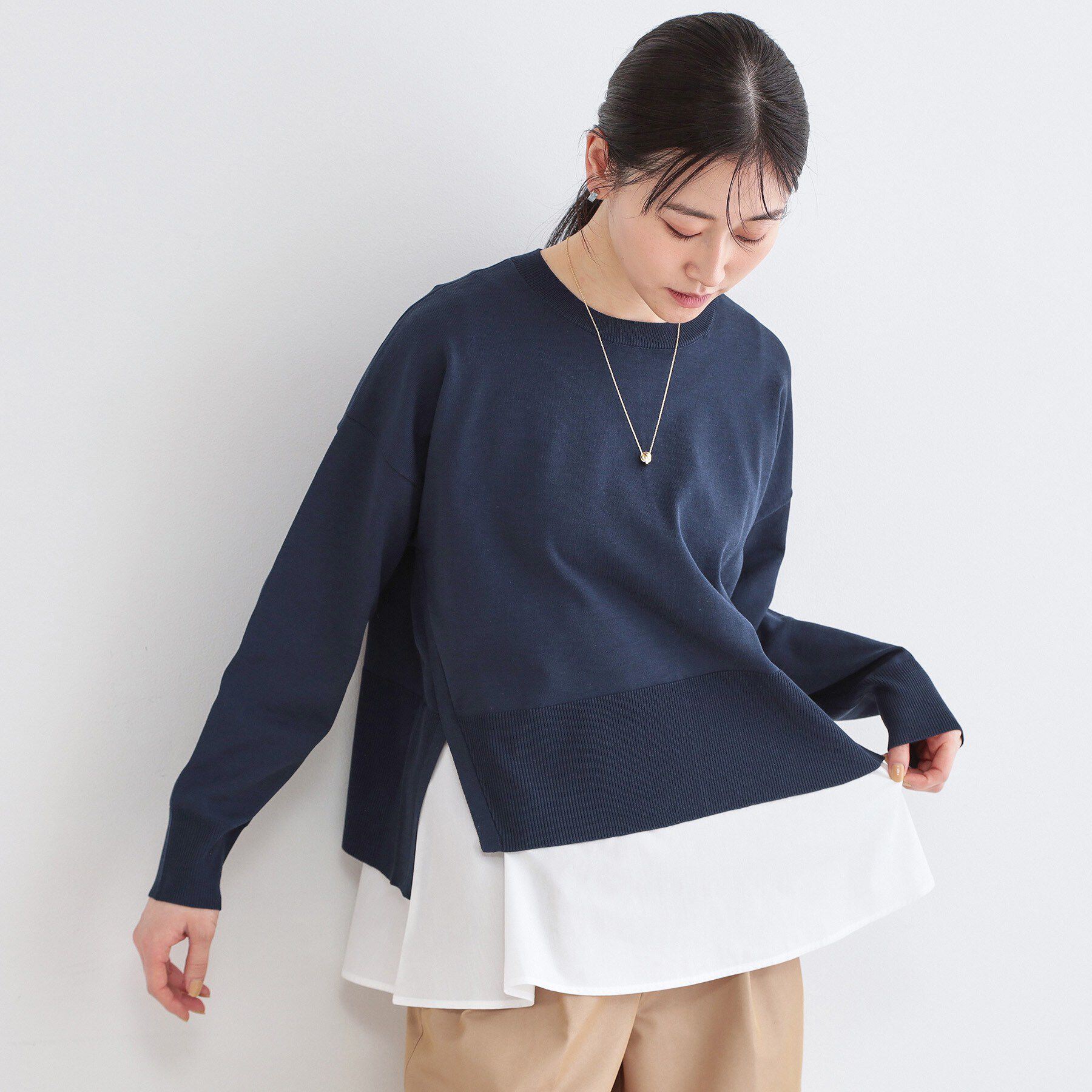 OPAQUE.CLIP「《ツインセット》ワイドニット&times;裾フレアタンクトップ【洗濯機OK】」|ニット・セーター|ネイビー(094)