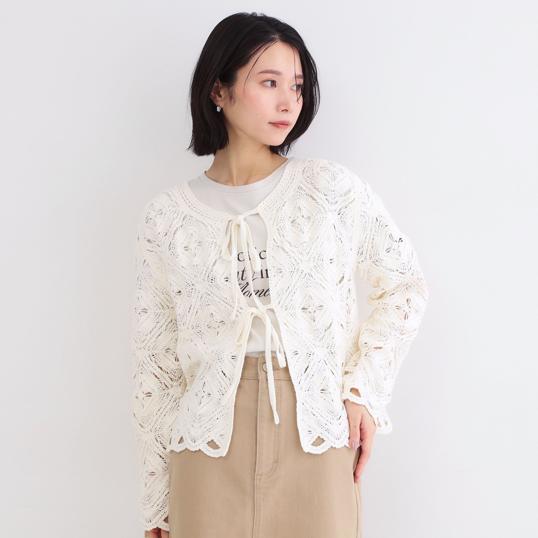 OPAQUE.CLIP「かぎ針風ニットカーディガン【洗濯機OK】」|カーディガン|オフホワイト(003