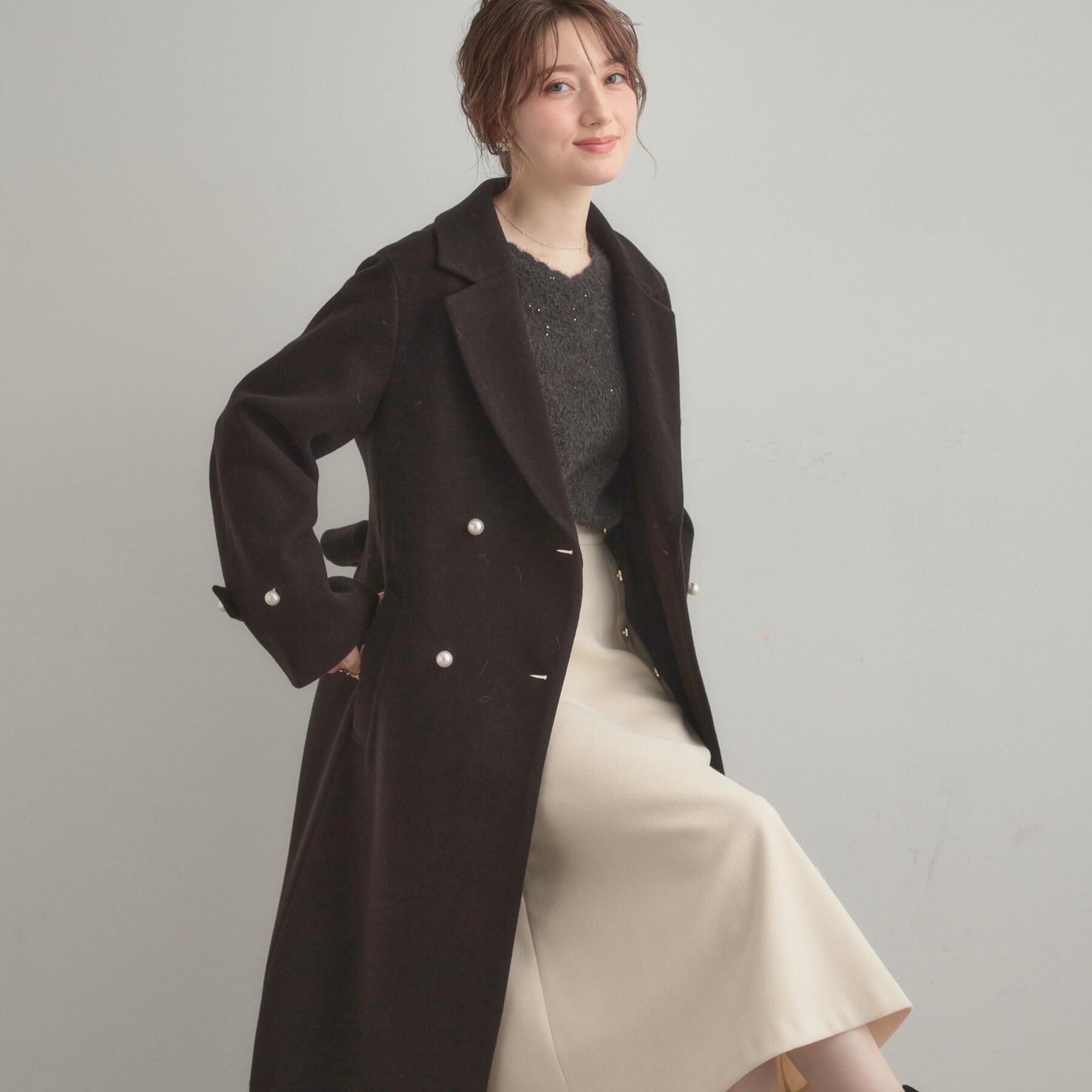 Couture broach「【大人上品・ベルト付き】パール調釦チェスターコート」|チェスターコート|