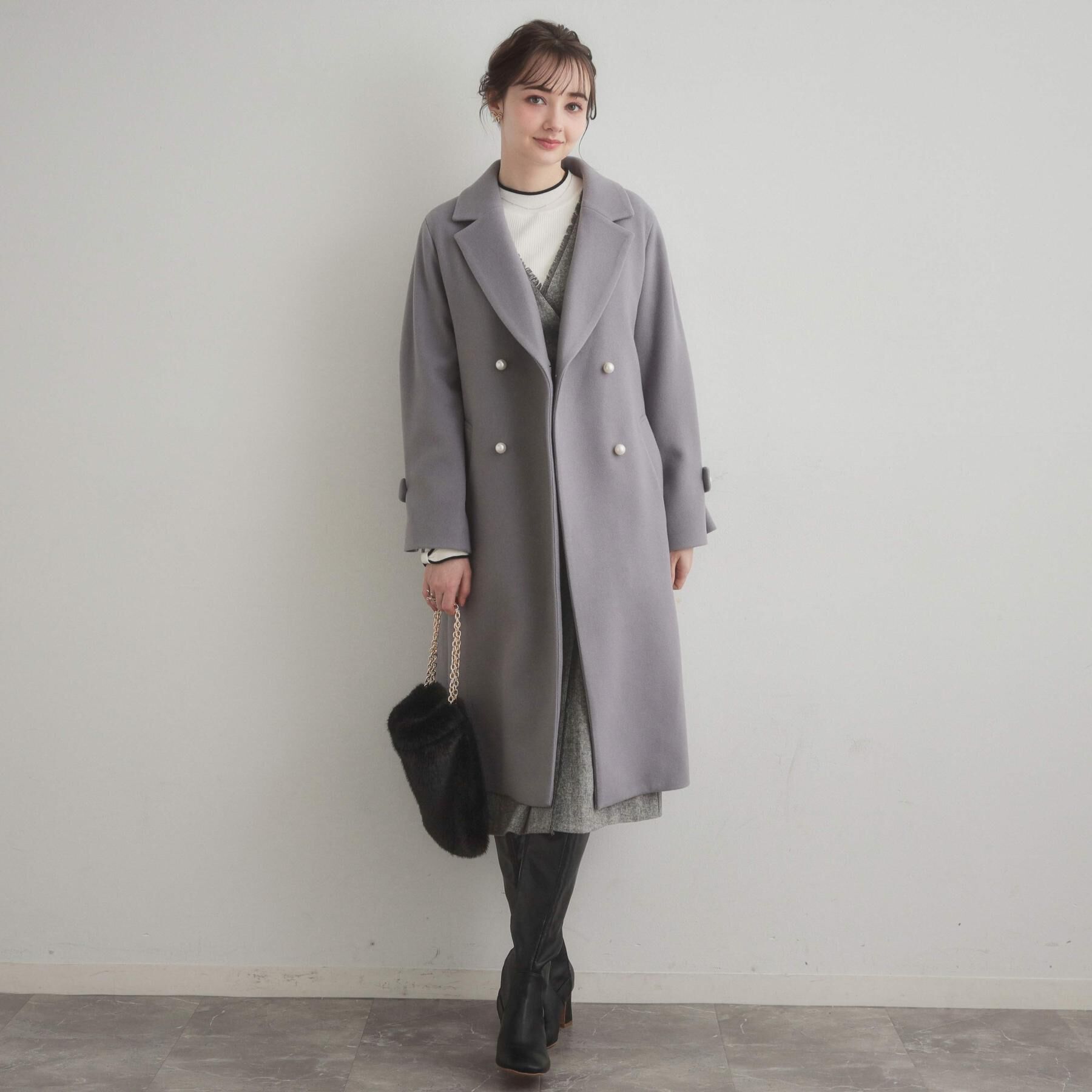 Couture broach「【大人上品・ベルト付き】パール調釦チェスターコート」|チェスターコート|