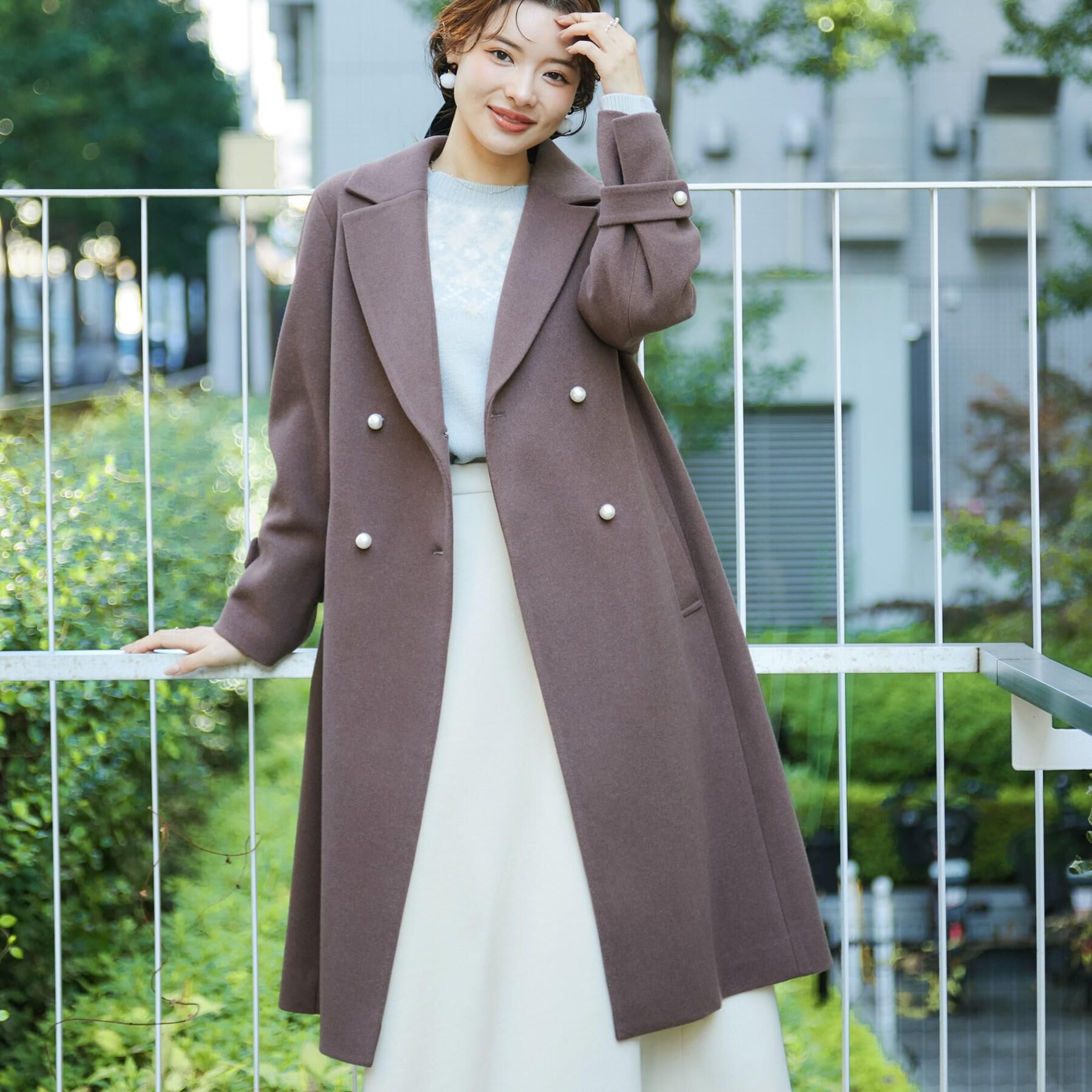 Couture broach「【大人上品・ベルト付き】パール調釦チェスターコート」|チェスターコート|