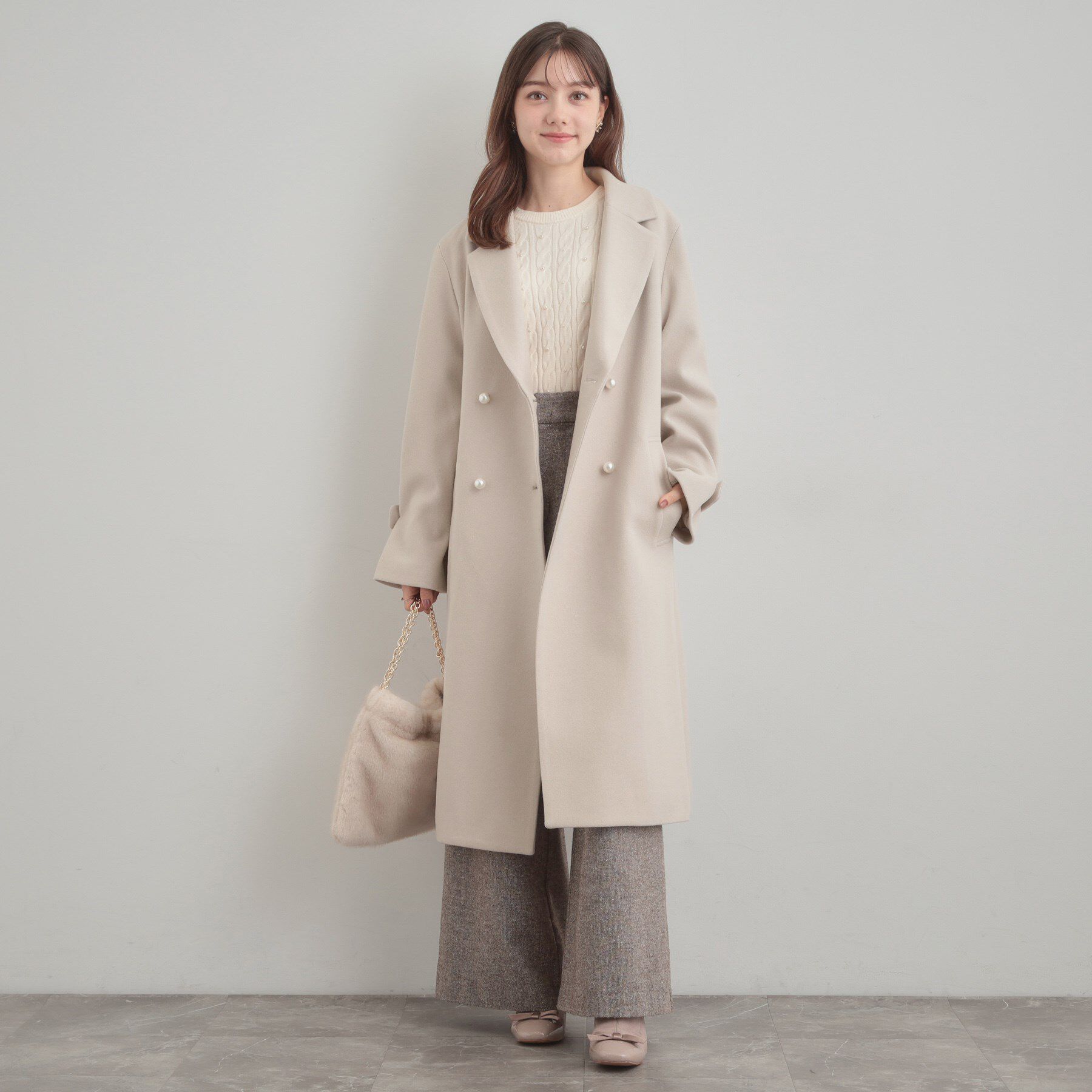 Couture broach「【大人上品・ベルト付き】パール調釦チェスターコート」|チェスターコート|