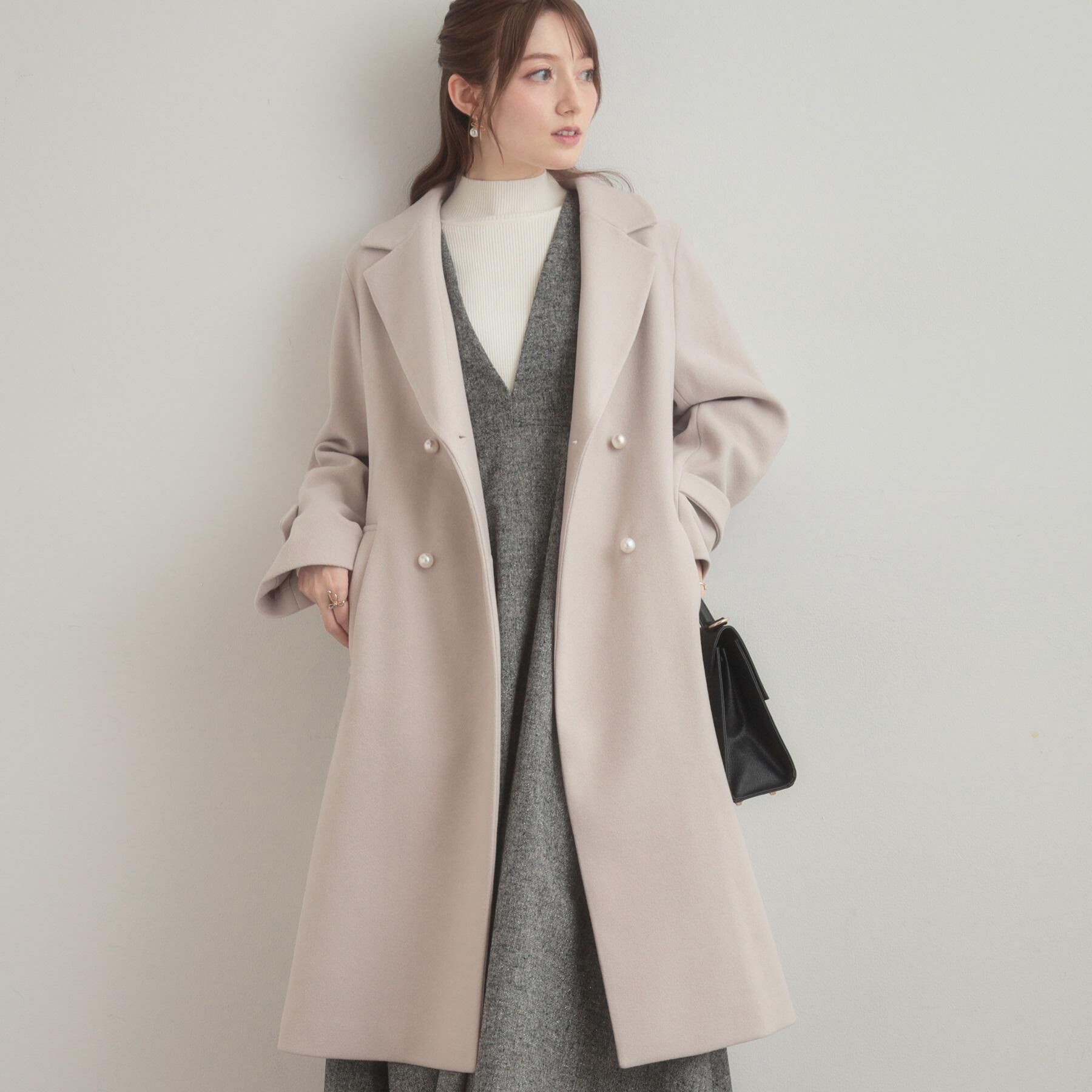 Couture broach「【大人上品・ベルト付き】パール調釦チェスターコート」|チェスターコート|