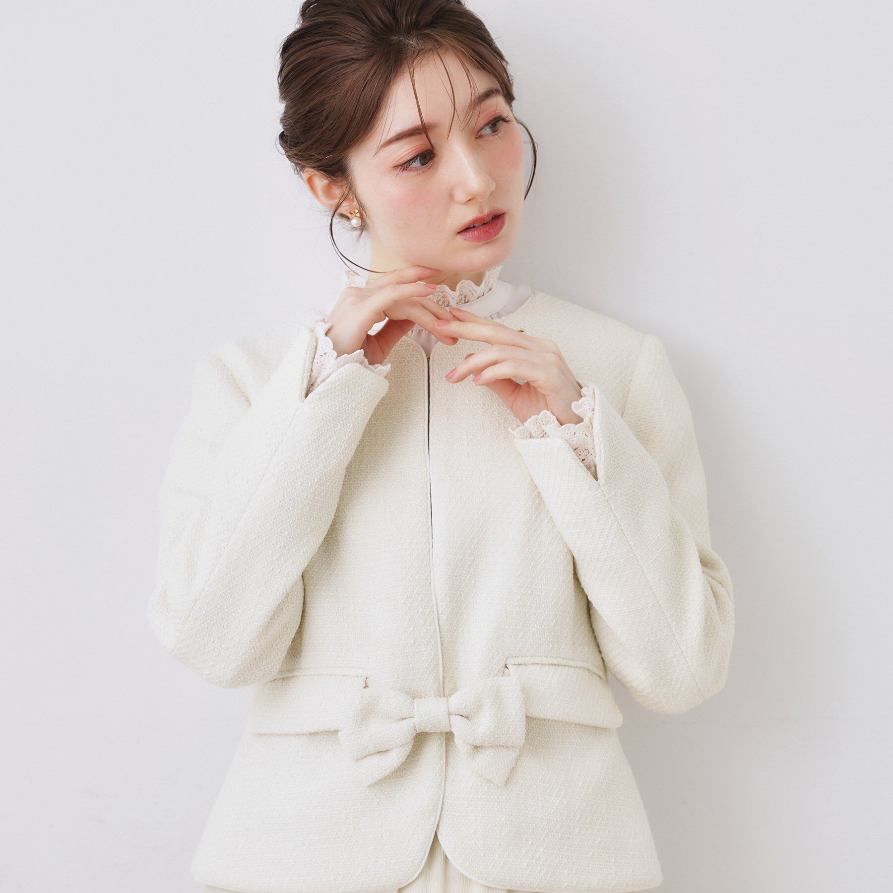 Couture broach「【ハレの日・通勤】カルゼスラブツイードジャケット」|ノーカラージャケット|