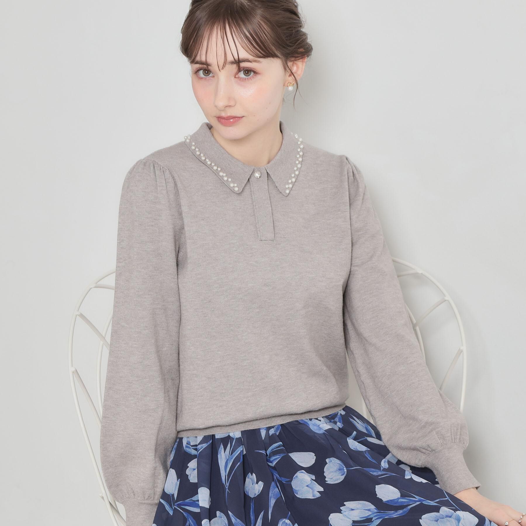 Couture broach「【洗える・着映え】パール調衿ニット」|ニット・セーター|グレー(012)