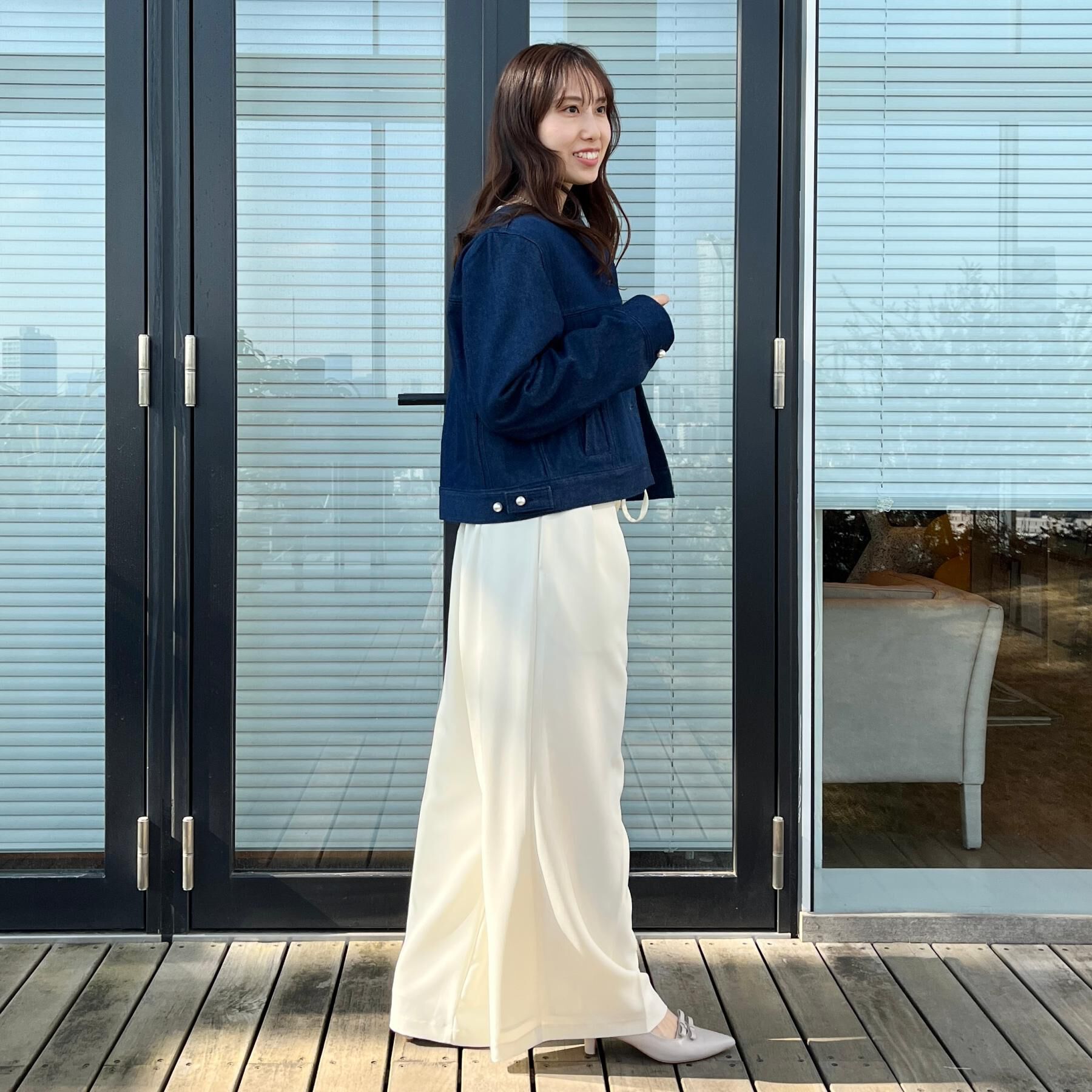 Couture broach「【洗える・綿100％】パール調ボタン デニムジャケット」|デニムジャケット|