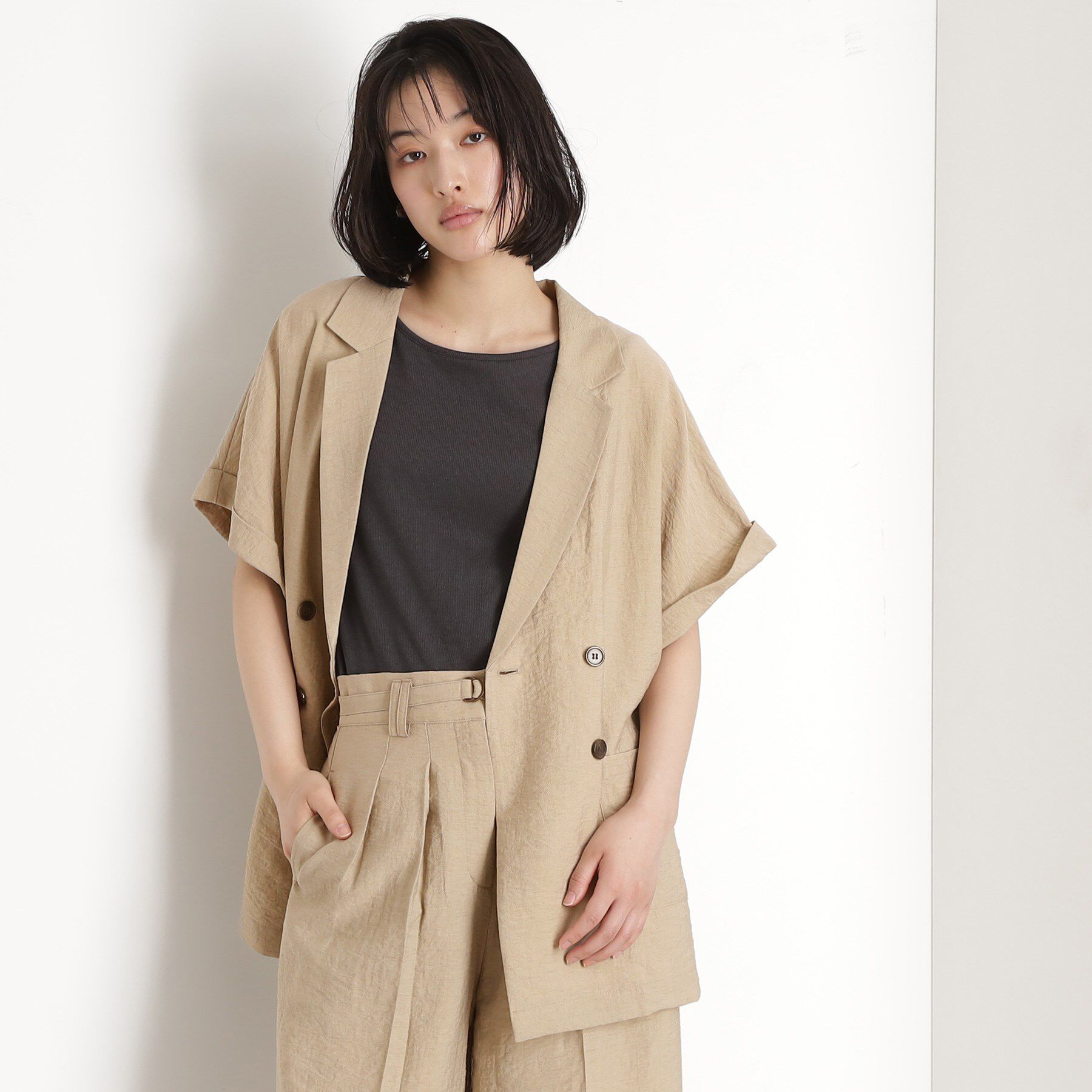THE SHOP TK「リネン混半袖テーラージャケット【洗える/セットアップ可】」|テーラードジャケット|ベージュ(052)