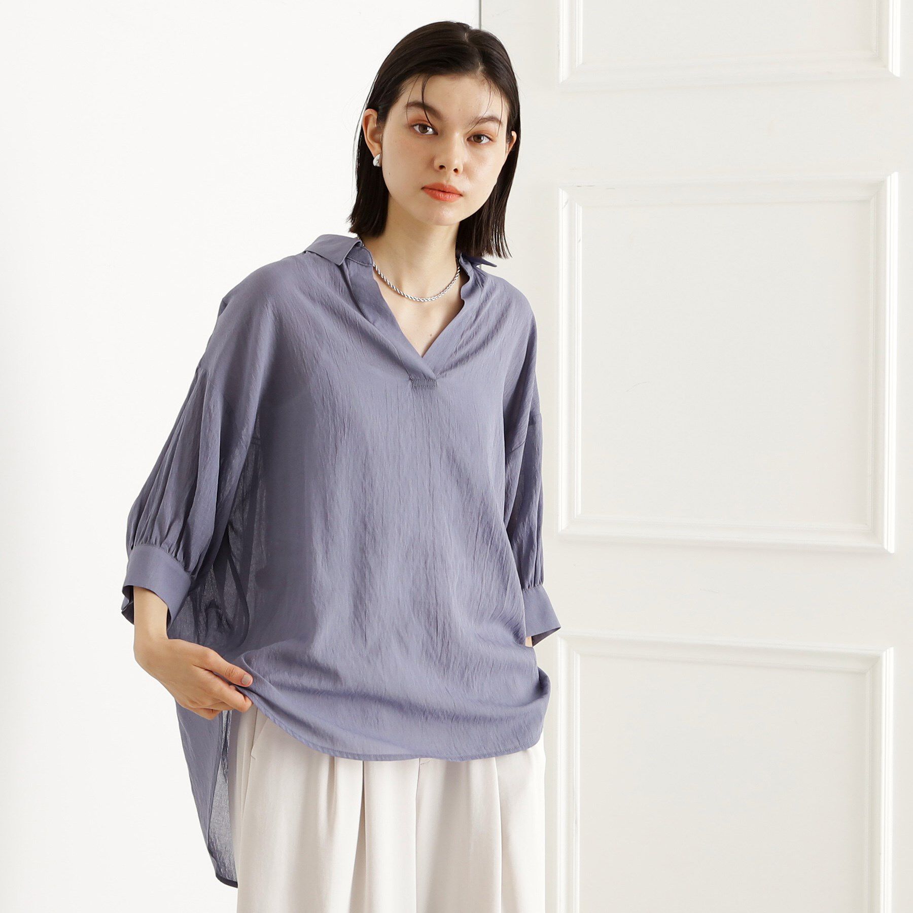 THE SHOP TK「後ろギャザーシアーシャツ【体型カバー／洗える】」|シャツ・ブラウス|パープル(082)