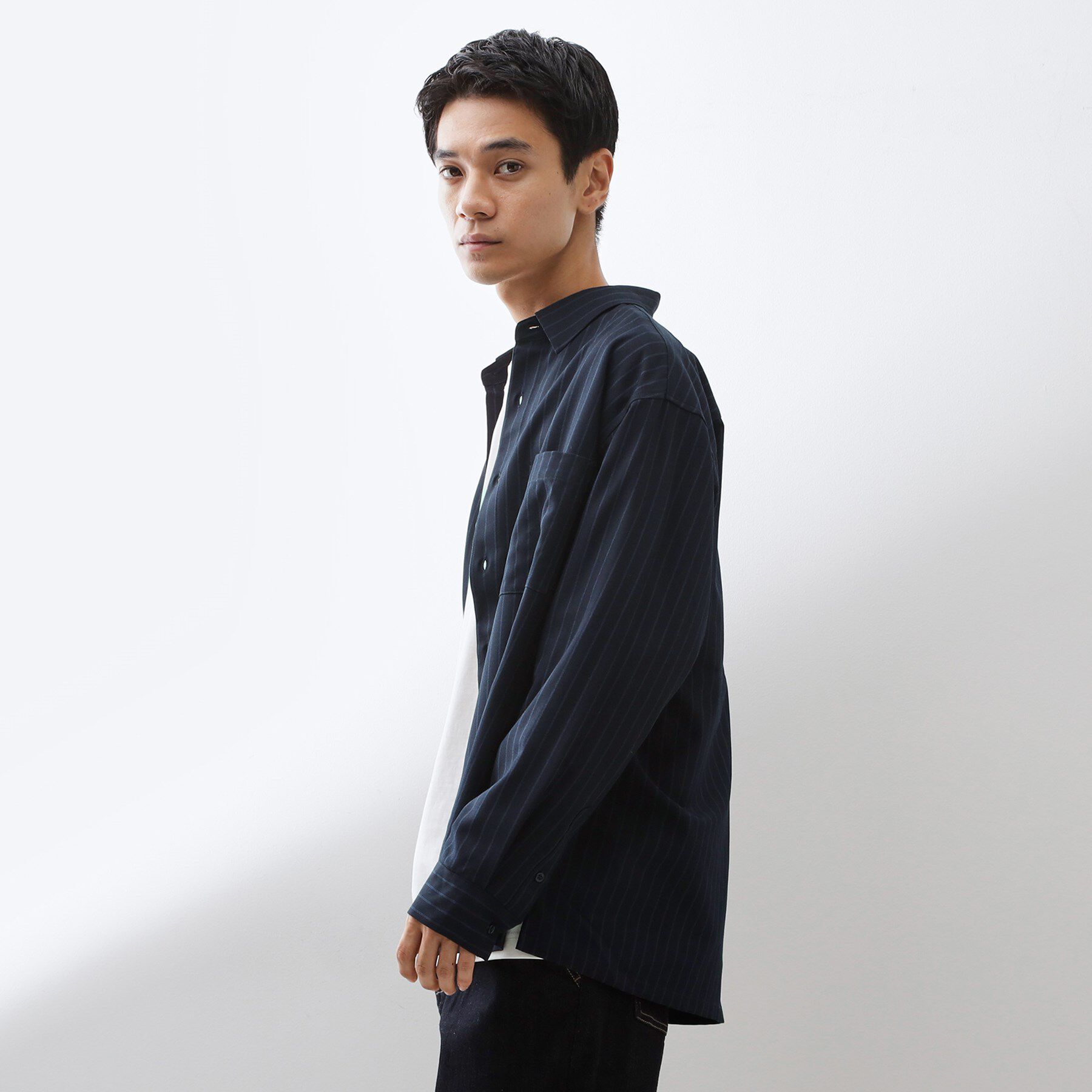 THE SHOP TK「ダブルポケットストライプ長袖シャツ 【洗濯機OK】」|シャツ・ブラウス|