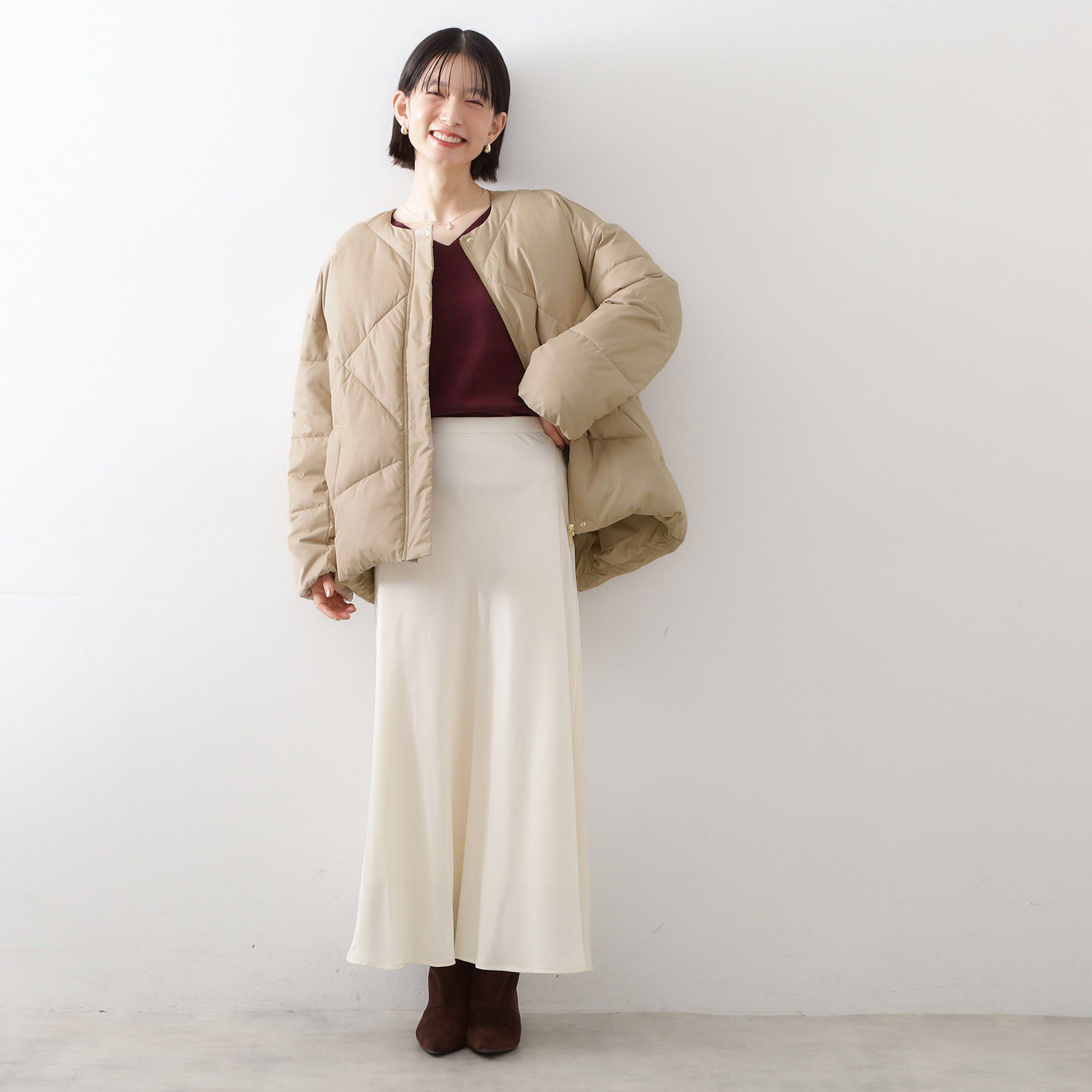 THE SHOP TK「きれいめにもカジュアルにも ノーカラーキルトジャケット」|ダウン|