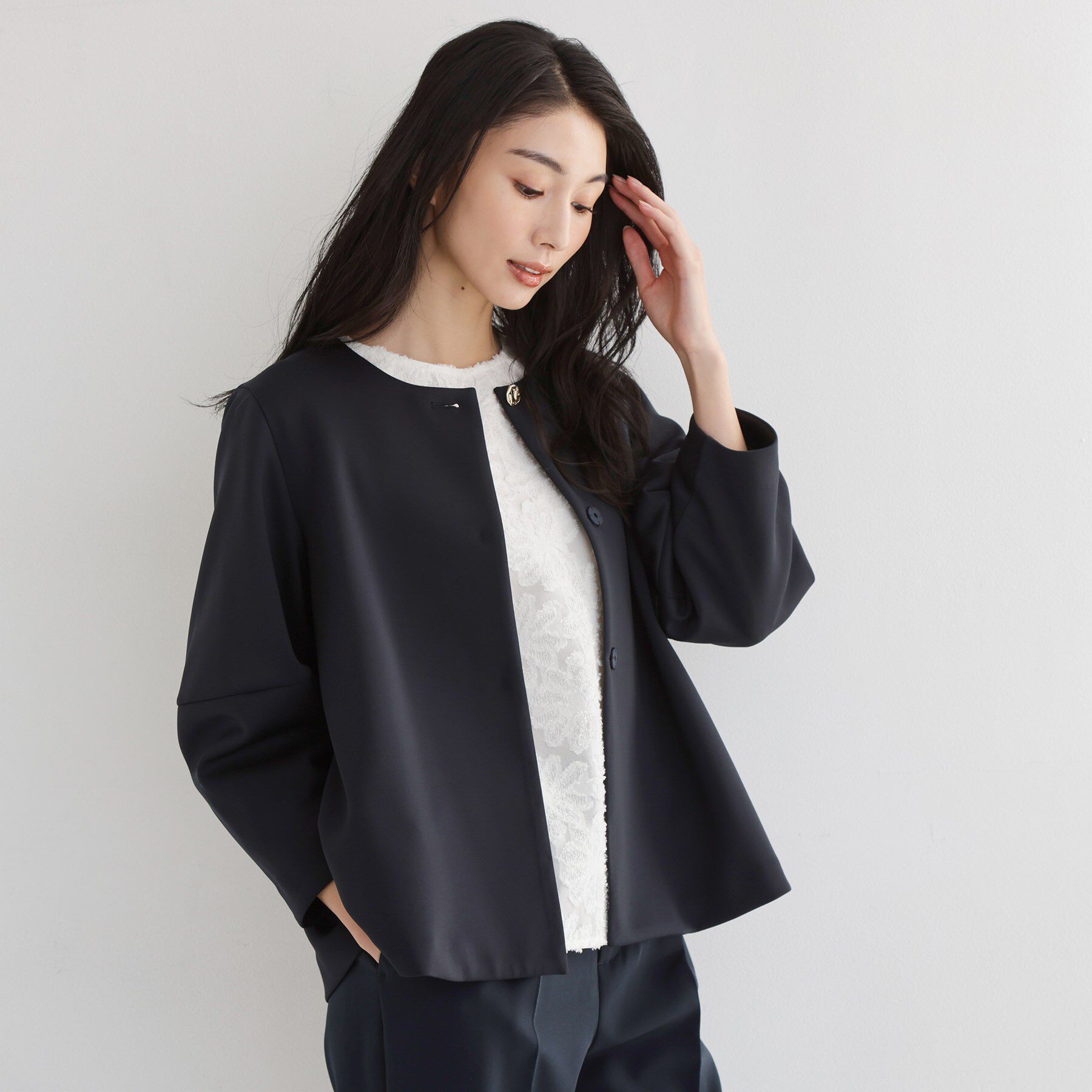 THE SHOP TK「【通勤・セレモニー】ノーカラーダンボールジャケット」|ノーカラージャケット|