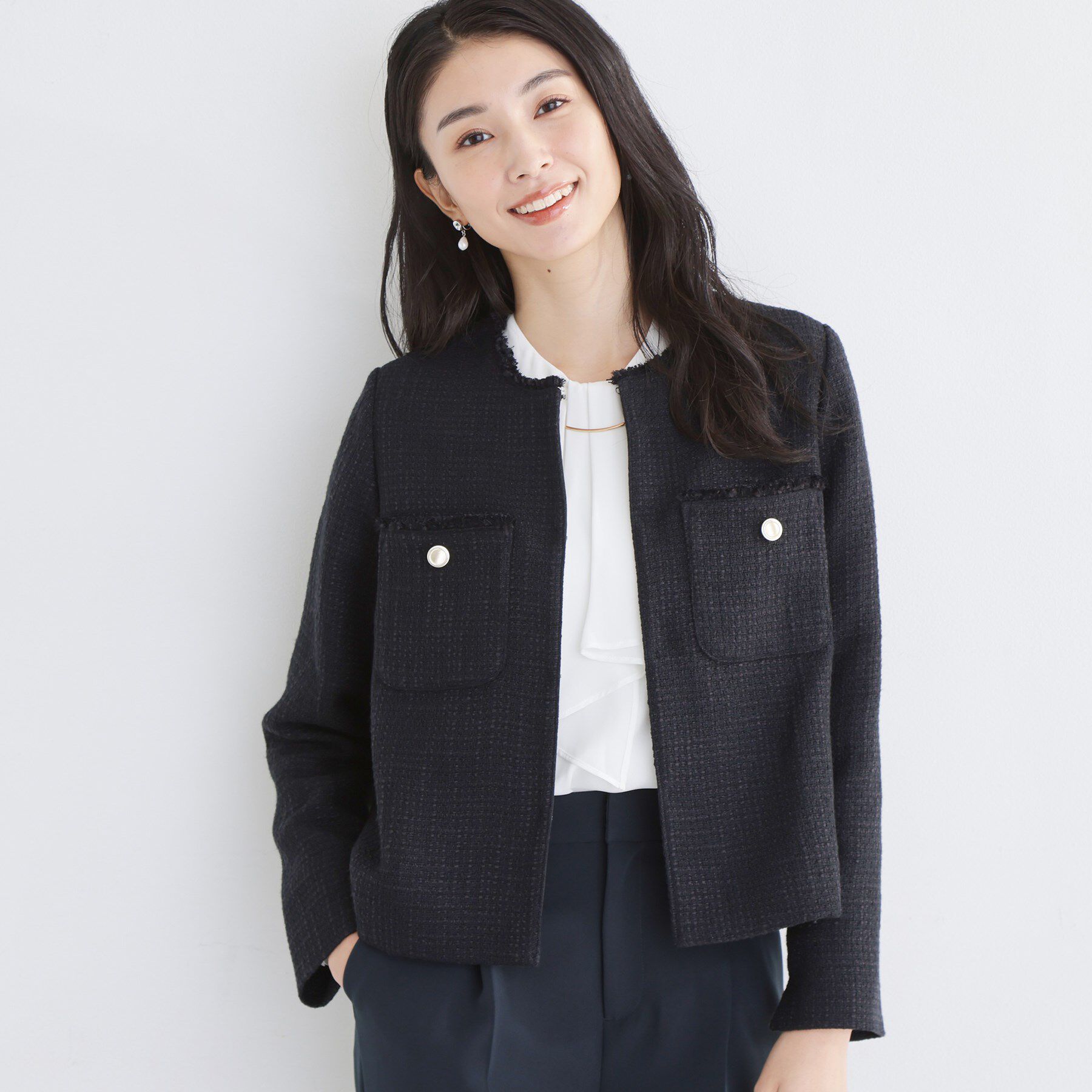 THE SHOP TK「【通勤・セレモニー】ツイードノーカラージャケット」|ノーカラージャケット|ネイビー(094)