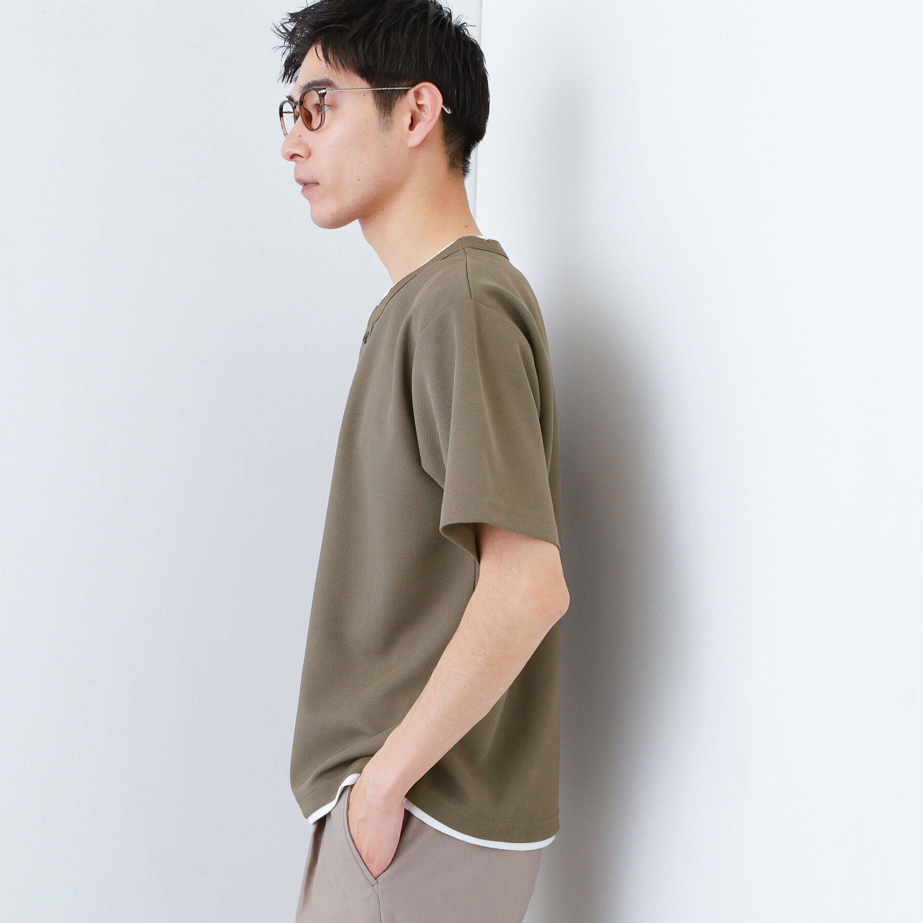 THE SHOP TK「【1枚でちゃんとして見える】ヘンリーネック レイヤード風 半袖Tシャツ 洗濯機OK」|Tシャツ・カットソー|