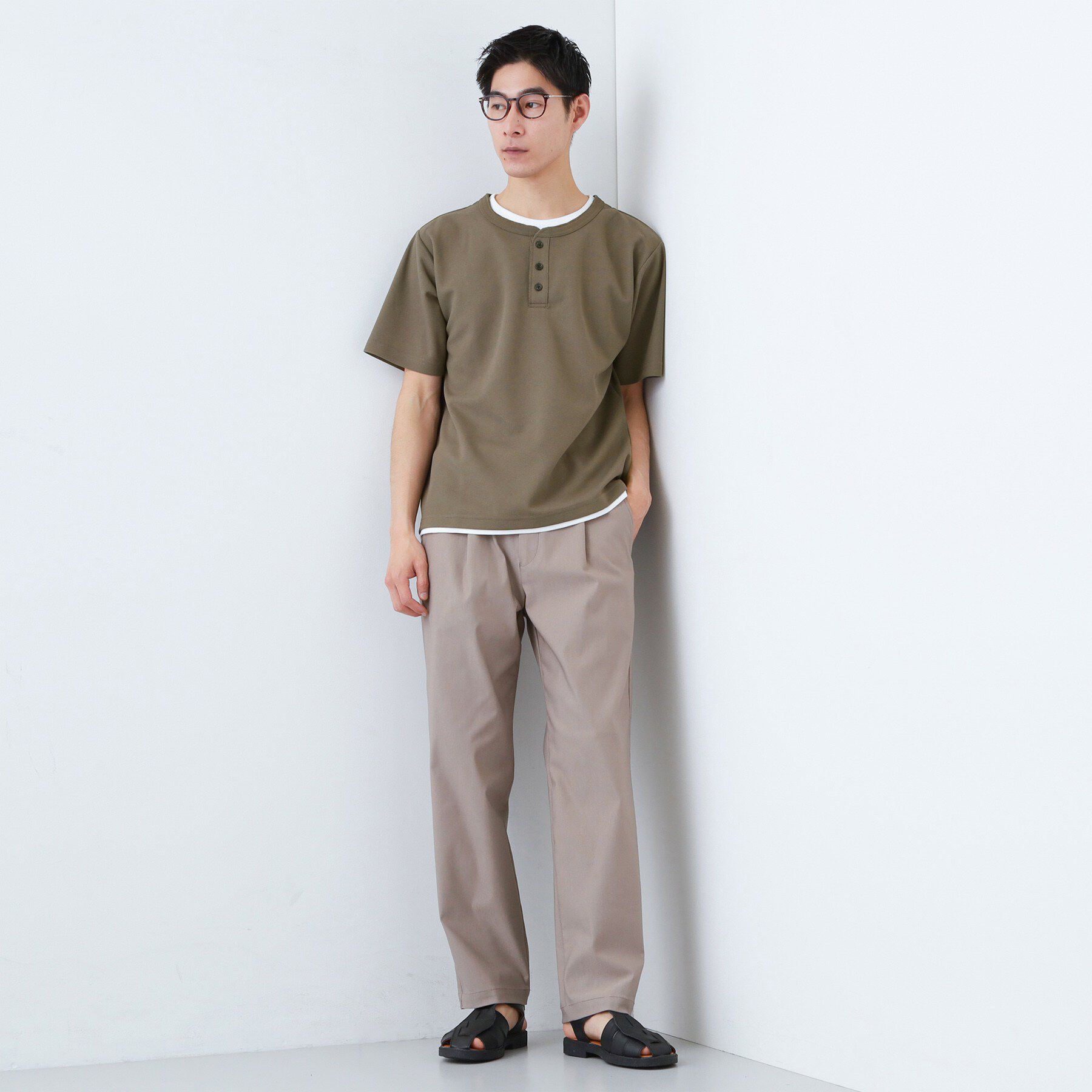 THE SHOP TK「【1枚でちゃんとして見える】ヘンリーネック レイヤード風 半袖Tシャツ 洗濯機OK」|Tシャツ・カットソー|